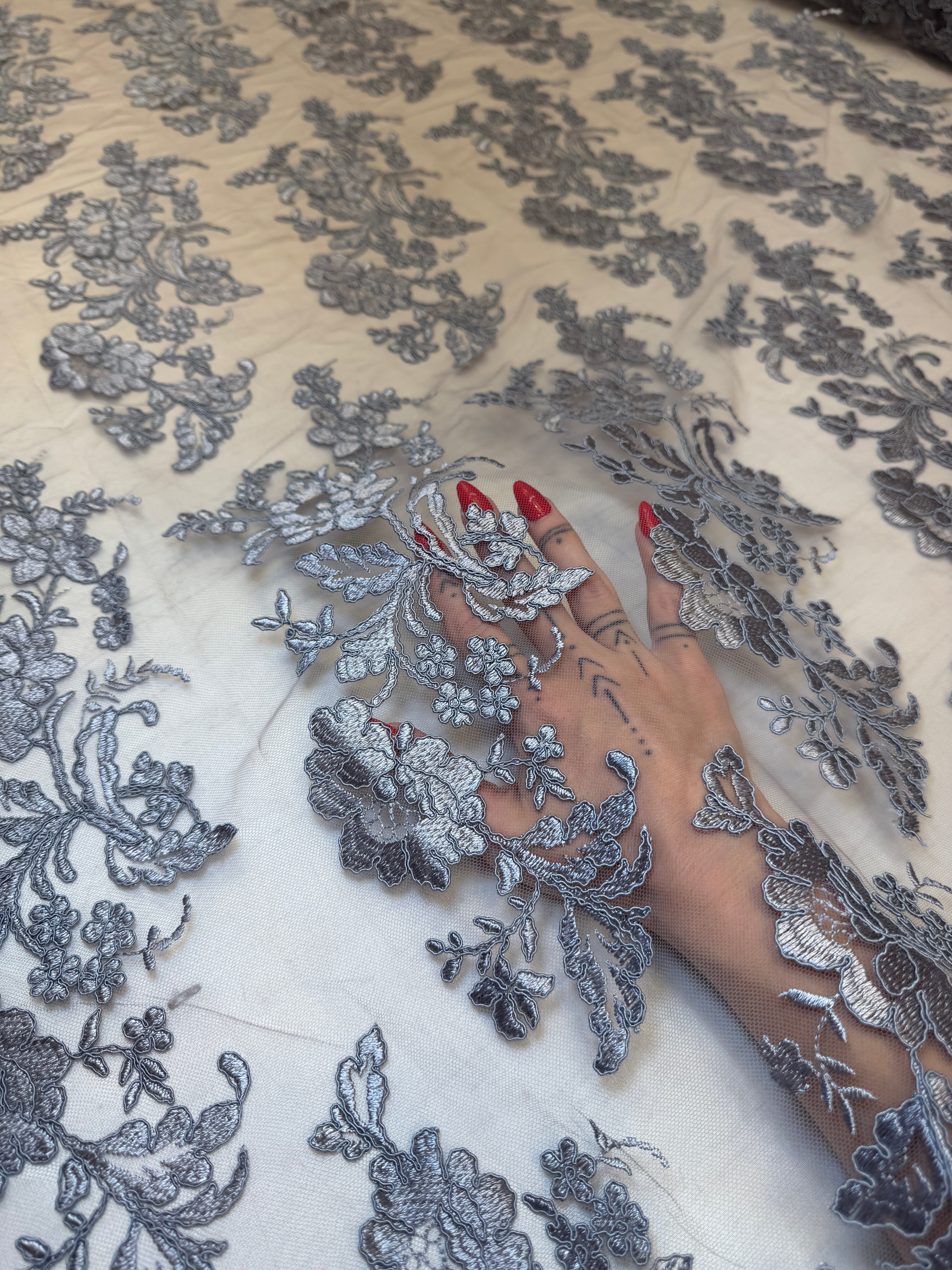 Silver Romantic Bloom Embroidered Mesh Lace, Kiki Sewing Store, Kiki Luxury Fabric, Cheap Fabric Store, Kiki Textiles, Kiki Textile by the Yard, Kiki Textile USA