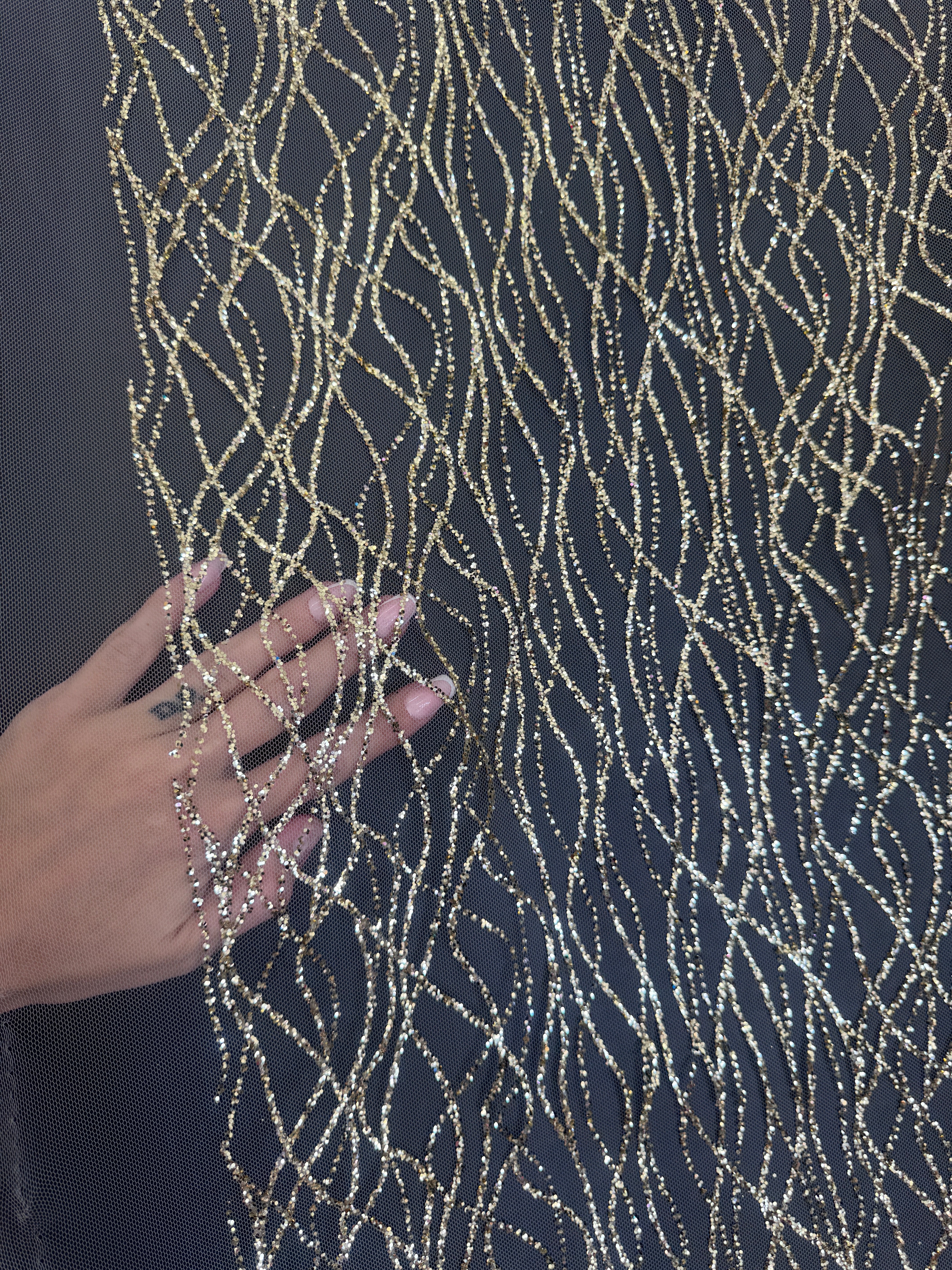 Gold Glitter Lace on Mesh, shop fabrics online, sewing, fabric store, sewing store, cheap fabric store, kiki textiles, textile by the yard