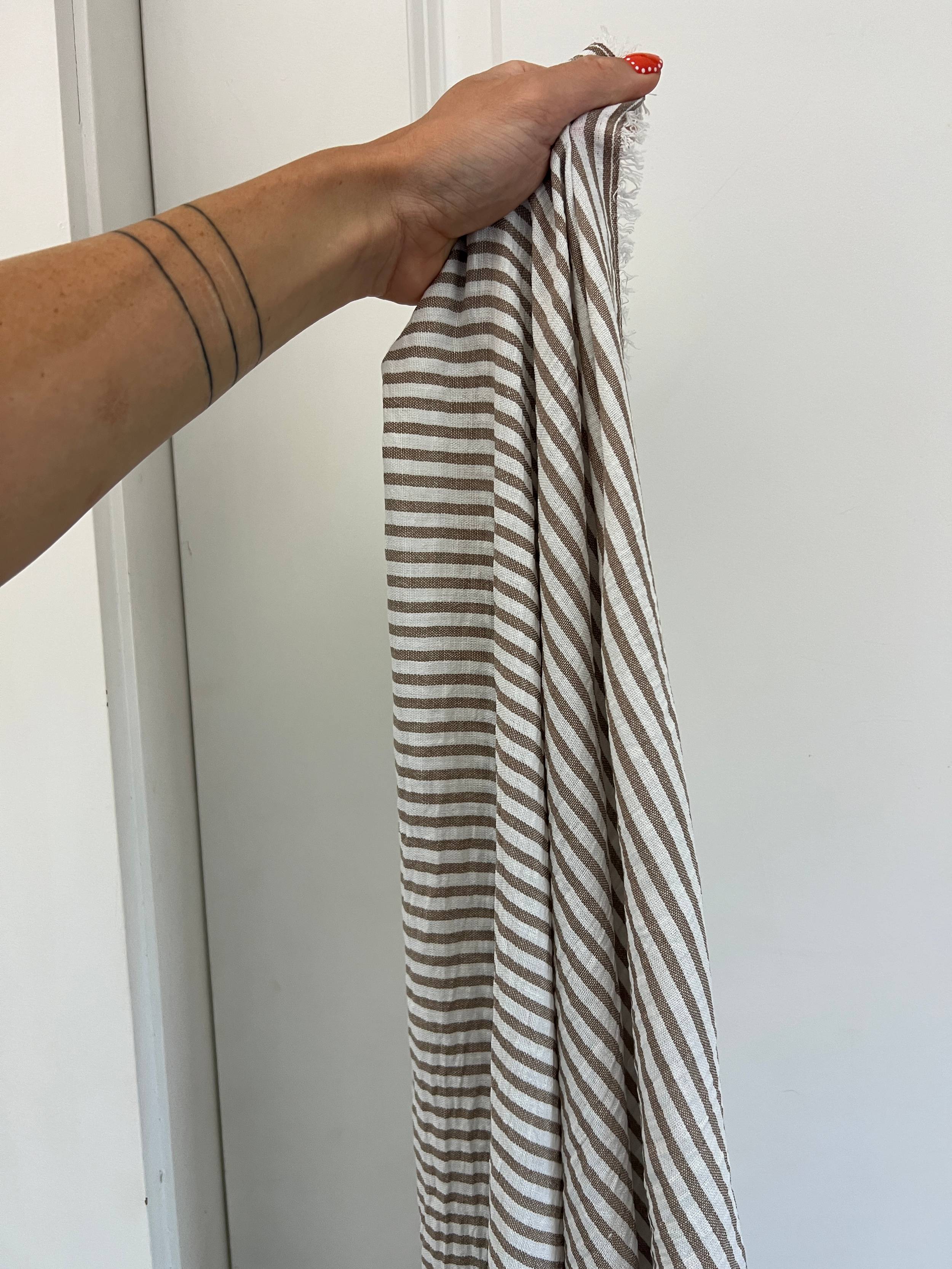 Tan Coastal Linen Look Stripe Fabric, Kiki Sewing Store, Kiki Luxury Fabric, Cheap Fabric Store, Kiki Textiles, Kiki Textile by the Yard, Kiki Textile USA