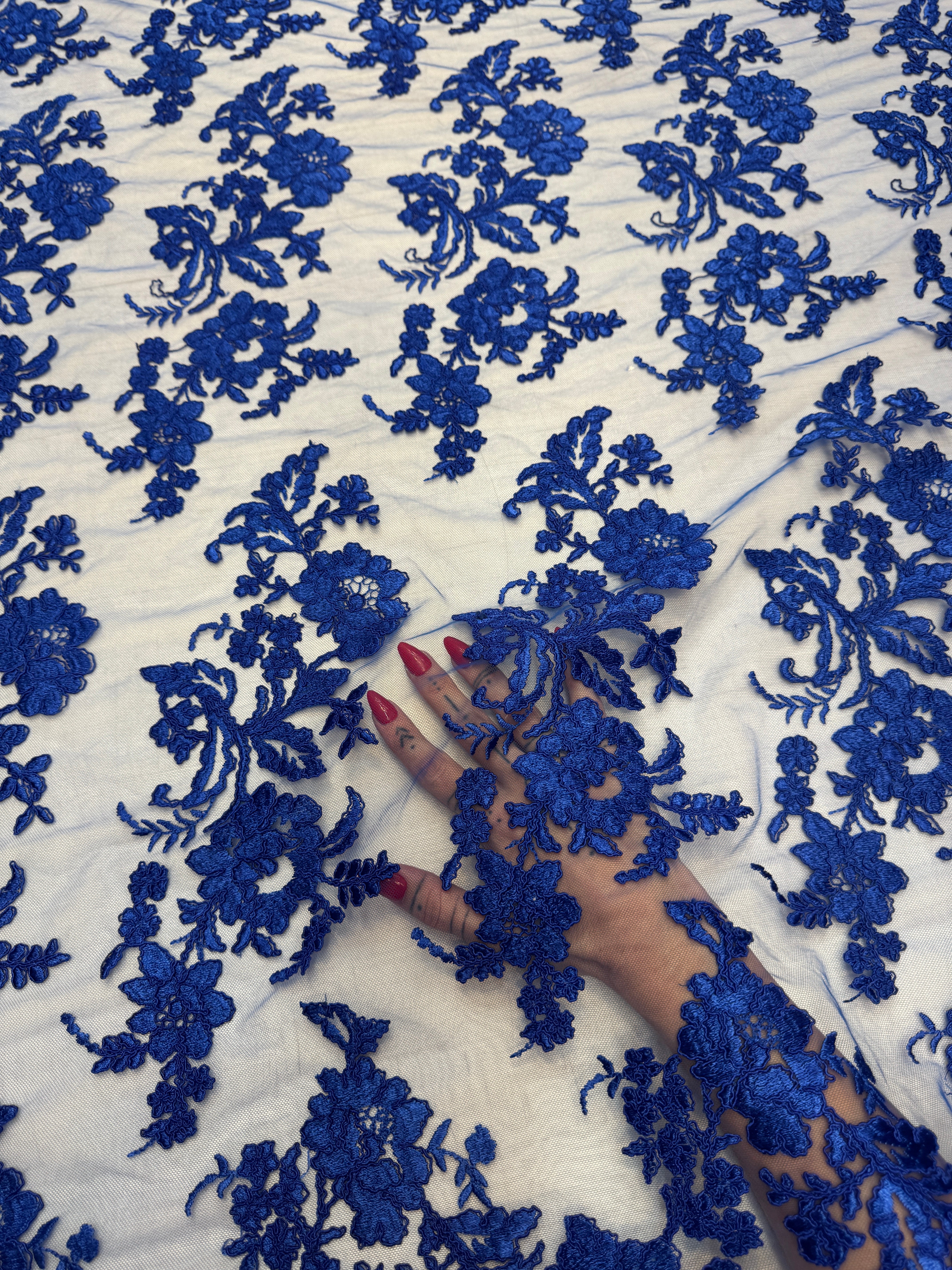 Royal Blue Romantic Bloom Embroidered Mesh Lace, Kiki Sewing Store, Kiki Luxury Fabric, Cheap Fabric Store, Kiki Textiles, Kiki Textile by the Yard, Kiki Textile USA