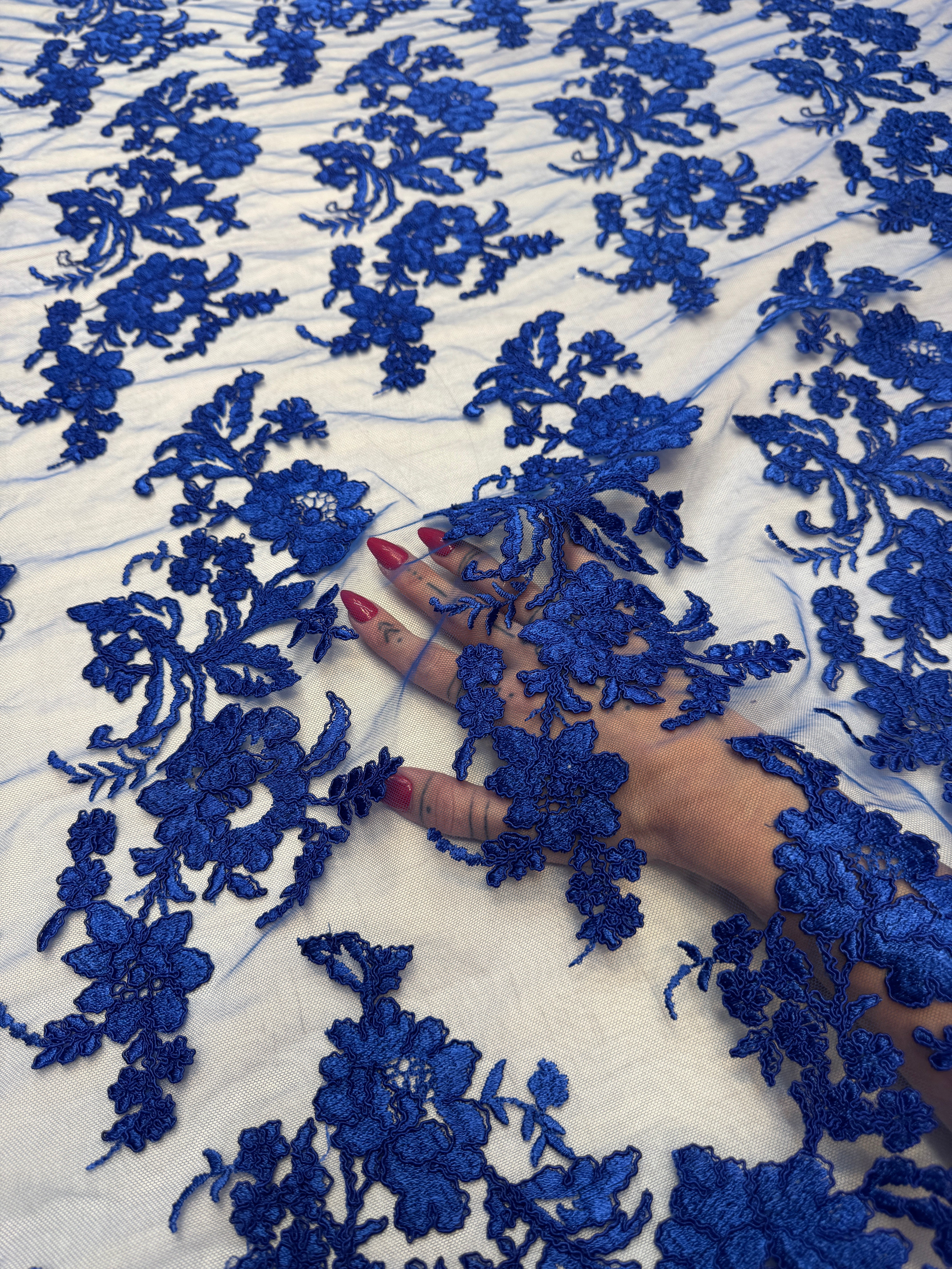 Royal Blue Romantic Bloom Embroidered Mesh Lace, Kiki Sewing Store, Kiki Luxury Fabric, Cheap Fabric Store, Kiki Textiles, Kiki Textile by the Yard, Kiki Textile USA