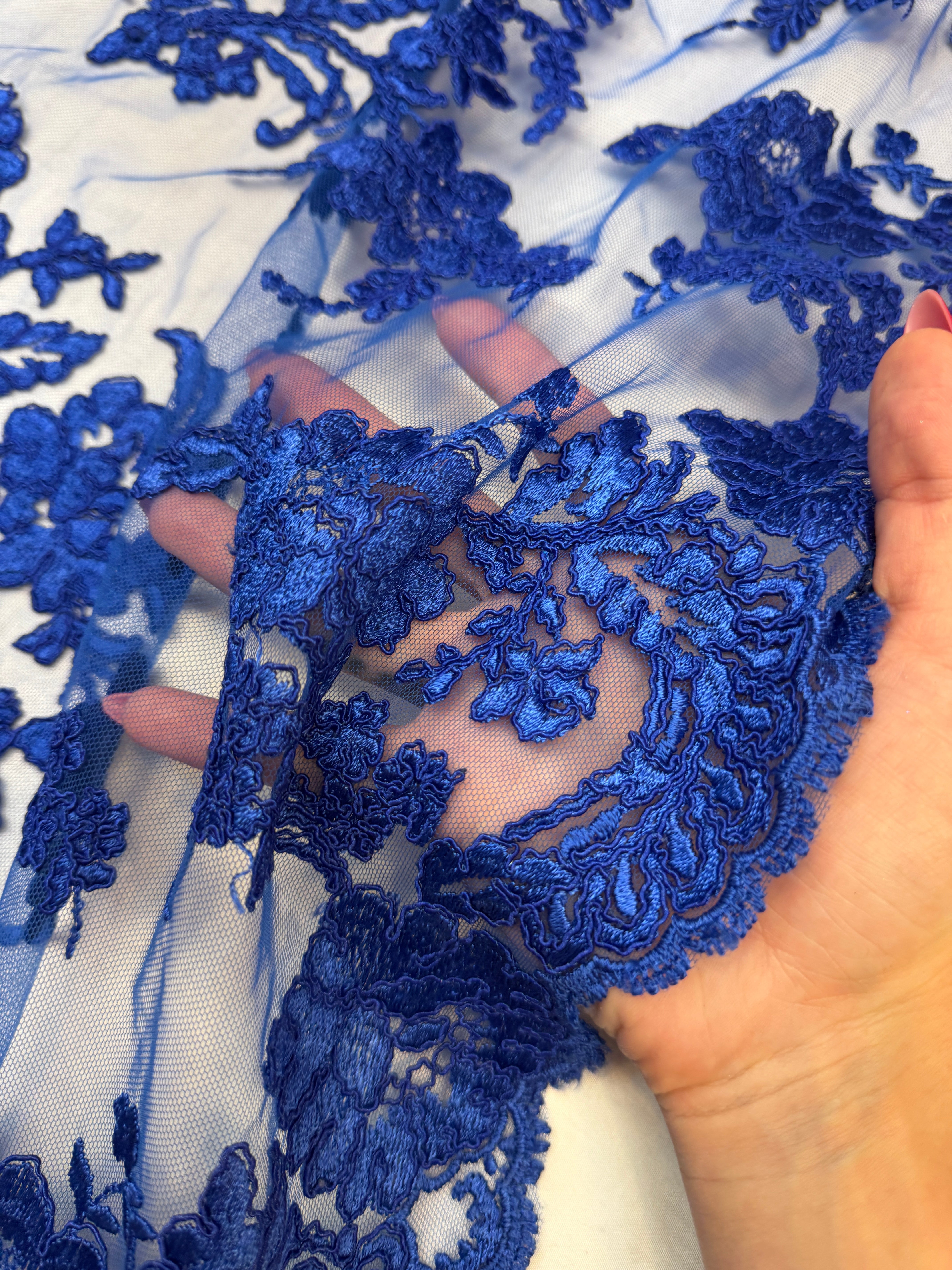 Royal Blue Romantic Bloom Embroidered Mesh Lace, Romantic Lace Fabric, Sheer Embroidered Lace, Bloom Lace Fabric, Bridal Lace Fabric, Wedding Dress Lace