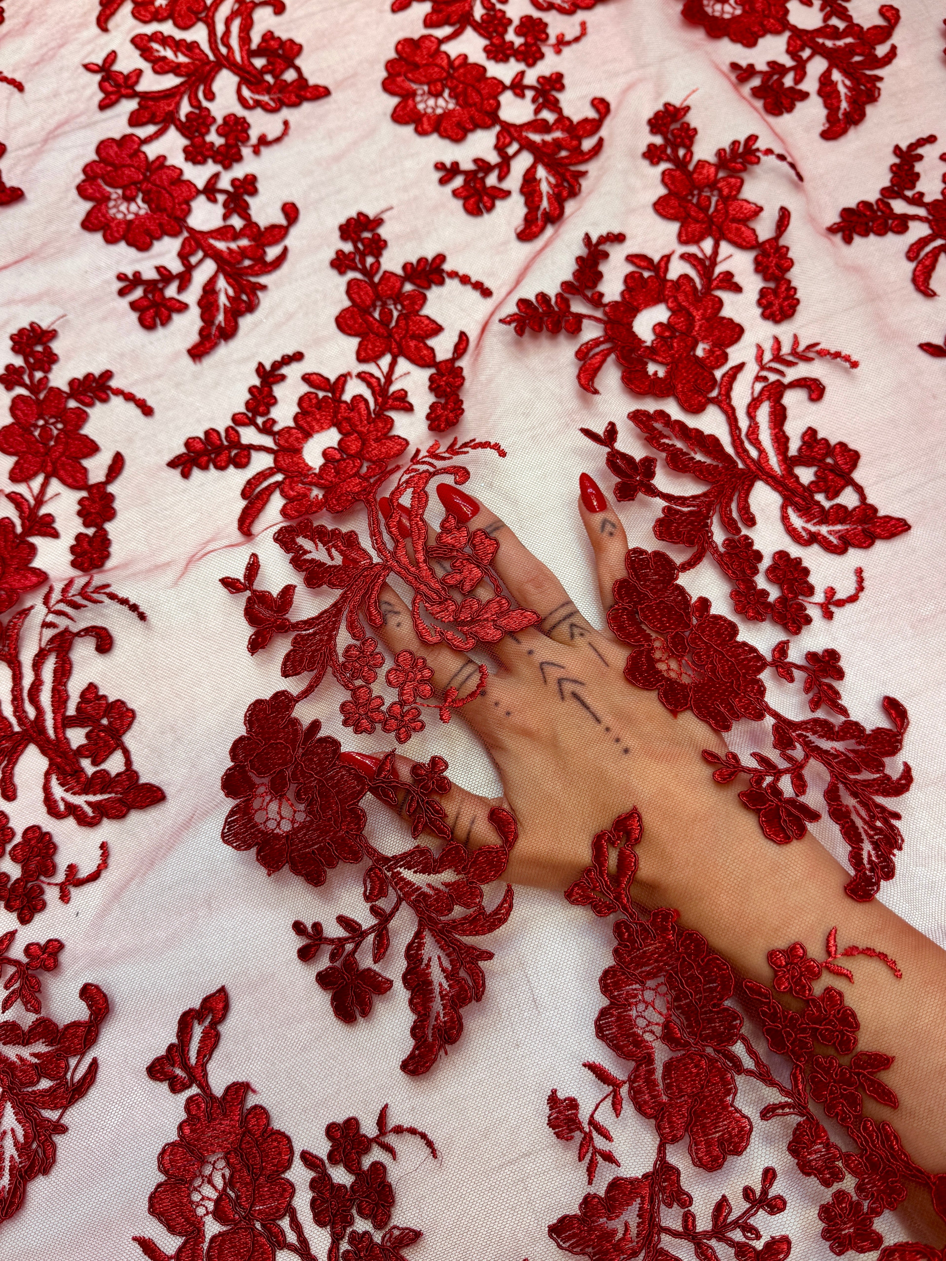 Red Romantic Bloom Embroidered Mesh Lace, Kiki Sewing Store, Kiki Luxury Fabric, Cheap Fabric Store, Kiki Textiles, Kiki Textile by the Yard, Kiki Textile USA