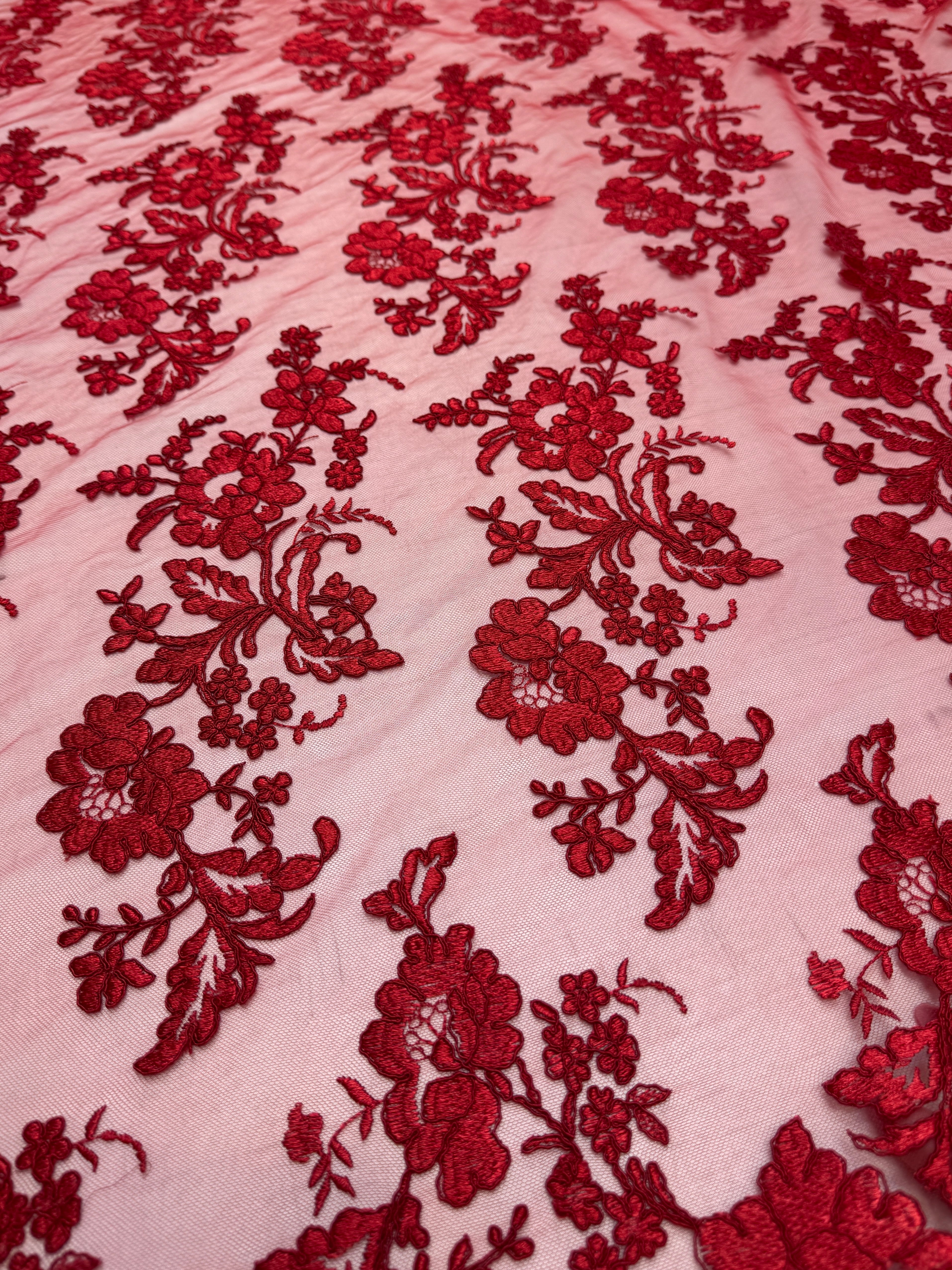 Red Romantic Bloom Embroidered Mesh Lace, Romantic Lace Fabric, Sheer Embroidered Lace, Bloom Lace Fabric, Bridal Lace Fabric, Wedding Dress Lace