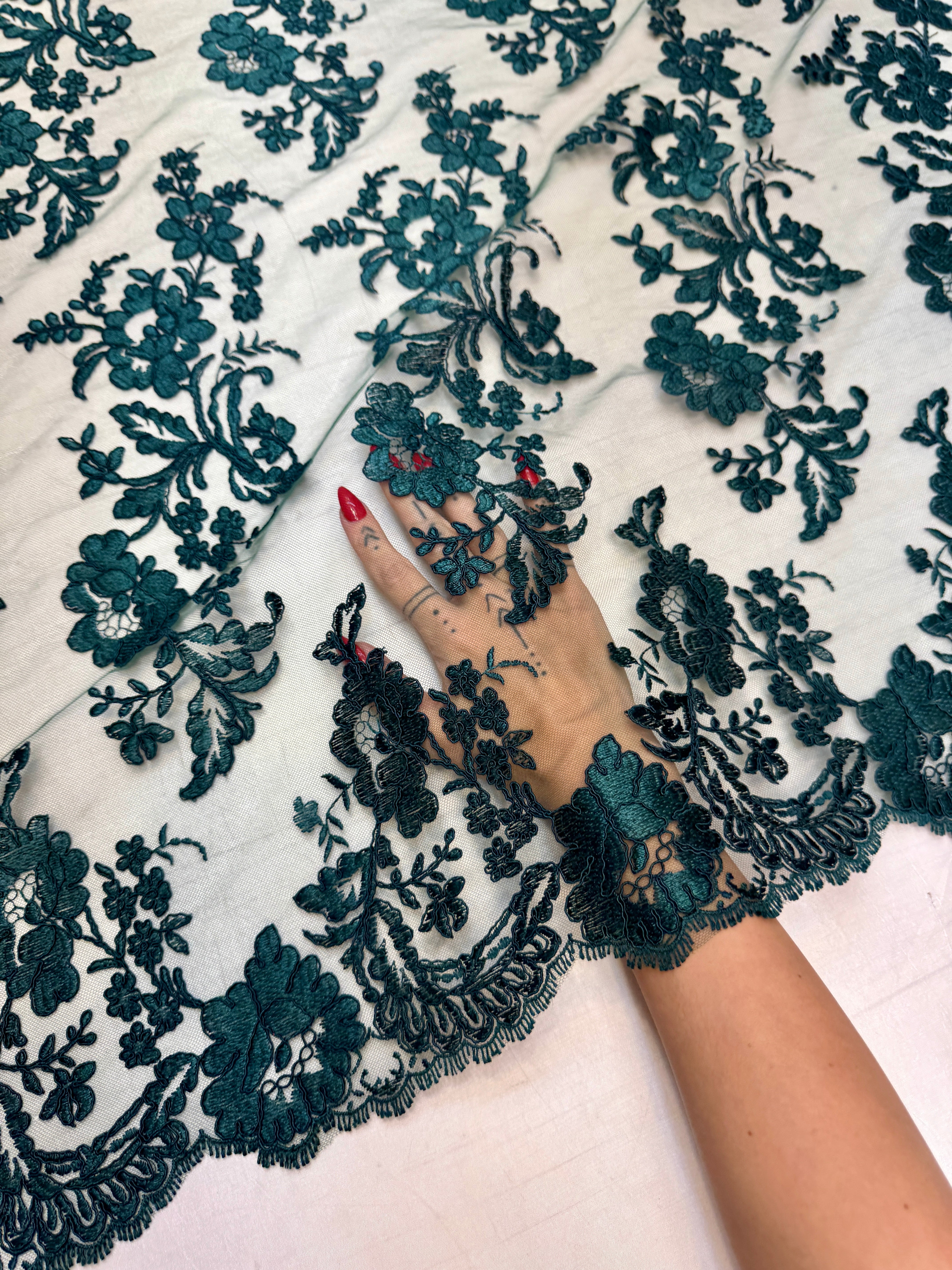 Hunter Green Romantic Bloom Embroidered Mesh Lace, Kiki Sewing Store, Kiki Luxury Fabric, Cheap Fabric Store, Kiki Textiles, Kiki Textile by the Yard, Kiki Textile USA