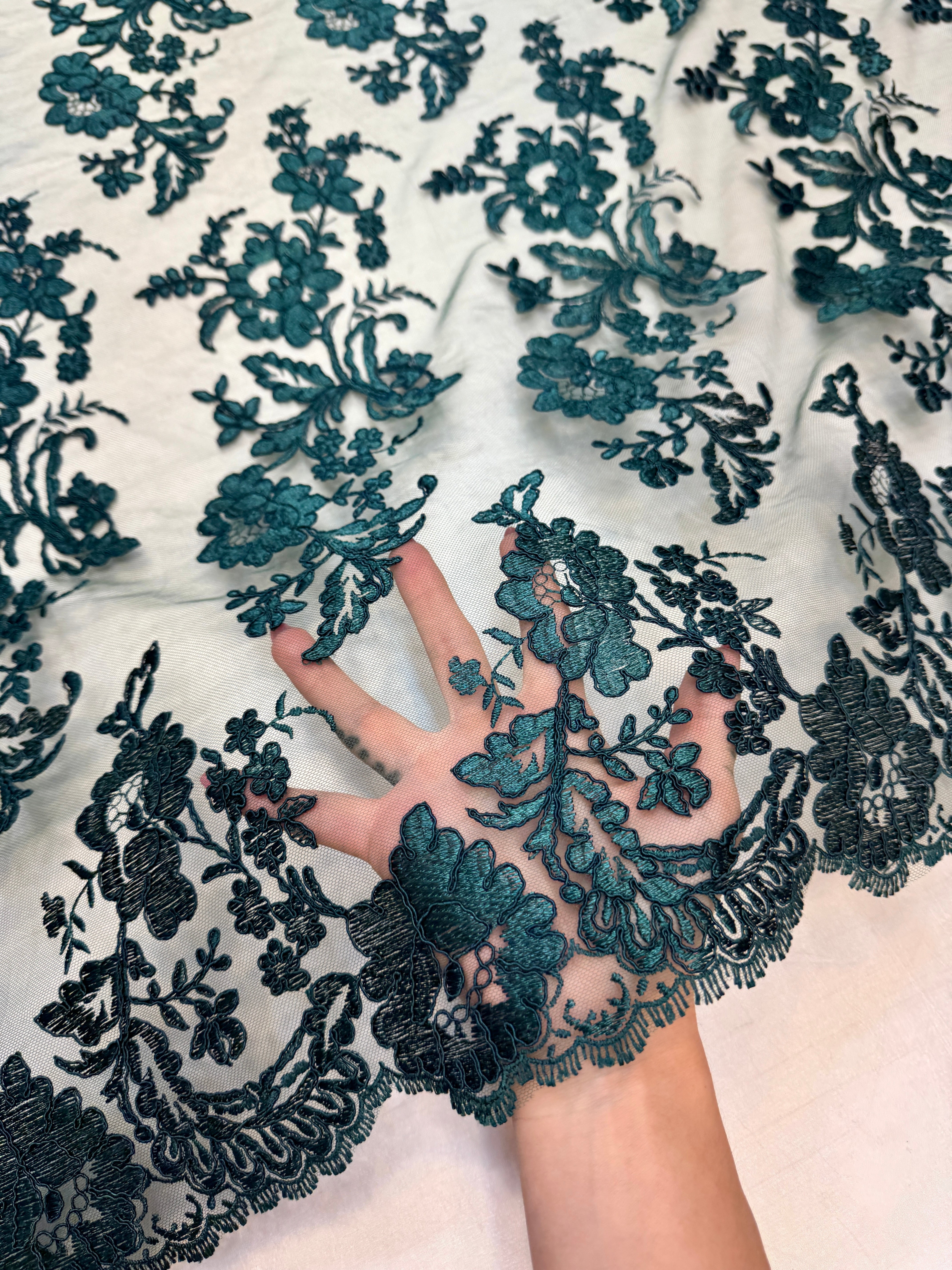 Hunter Green Romantic Bloom Embroidered Mesh Lace, Kiki Sewing Store, Kiki Luxury Fabric, Cheap Fabric Store, Kiki Textiles, Kiki Textile by the Yard, Kiki Textile USA