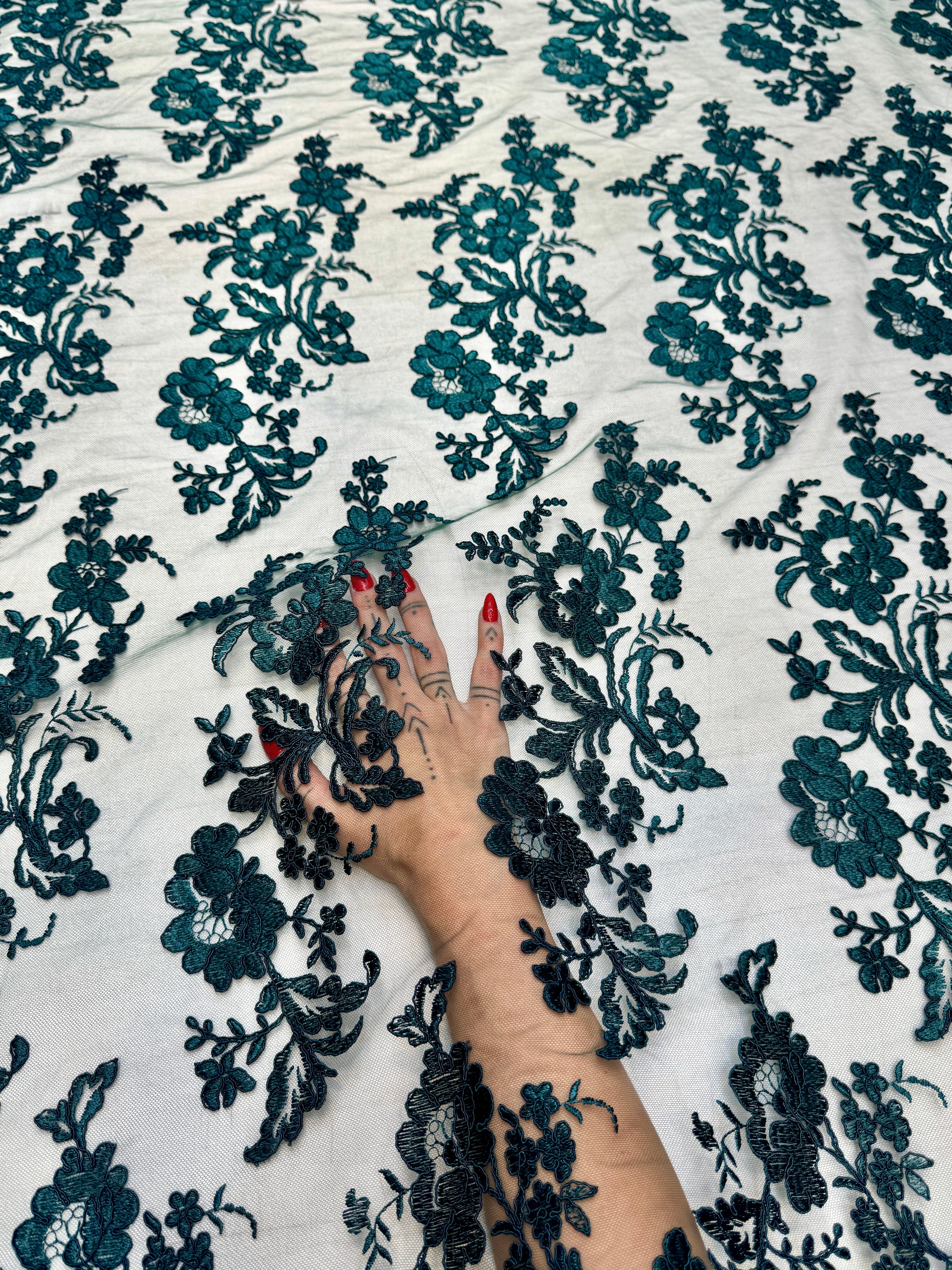 Hunter Green Romantic Bloom Embroidered Mesh Lace, Kiki Sewing Store, Kiki Luxury Fabric, Cheap Fabric Store, Kiki Textiles, Kiki Textile by the Yard, Kiki Textile USA