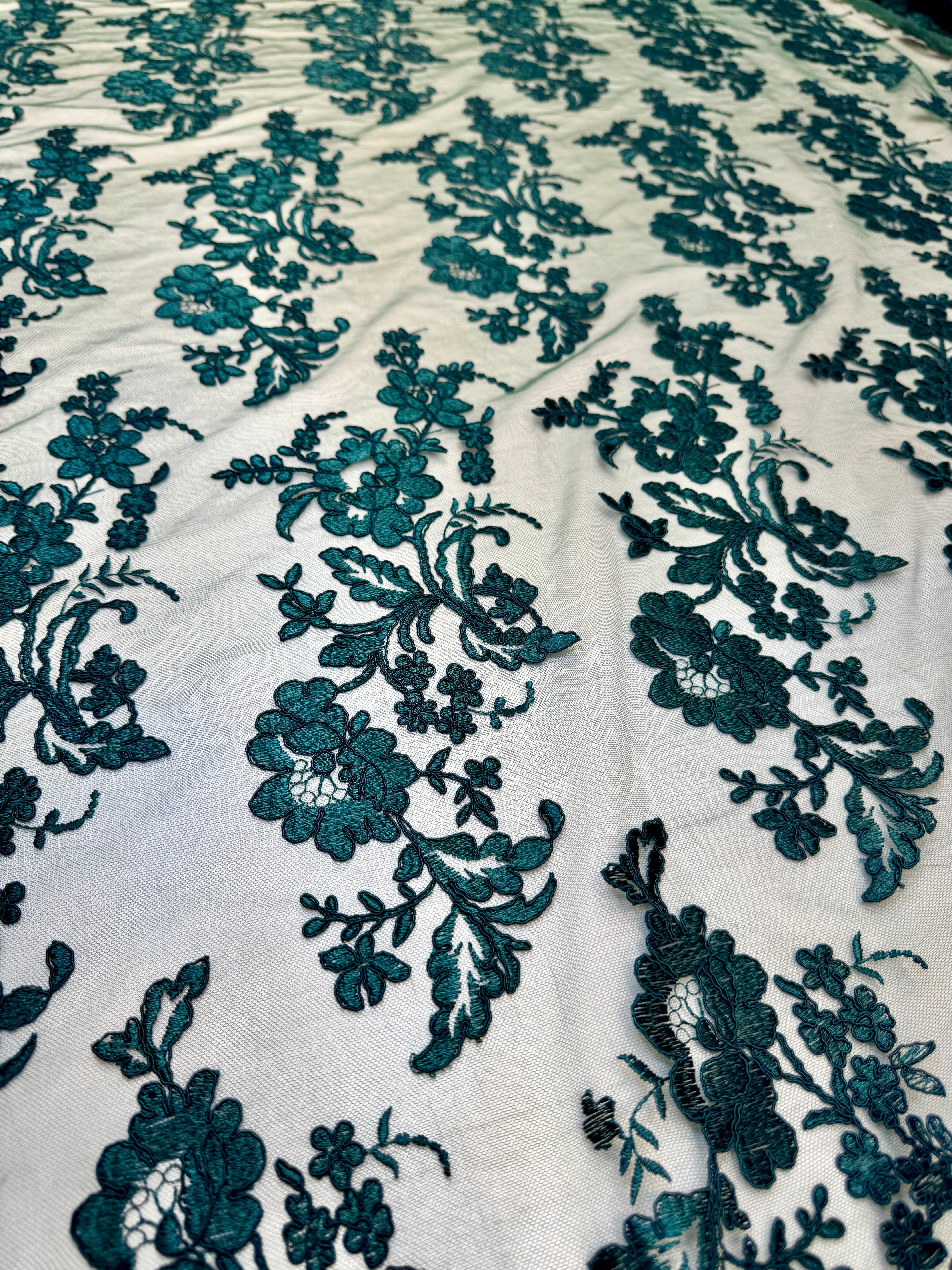 Hunter Green Romantic Bloom Embroidered Mesh Lace, Romantic Lace Fabric, Sheer Embroidered Lace, Bloom Lace Fabric, Bridal Lace Fabric, Wedding Dress Lace