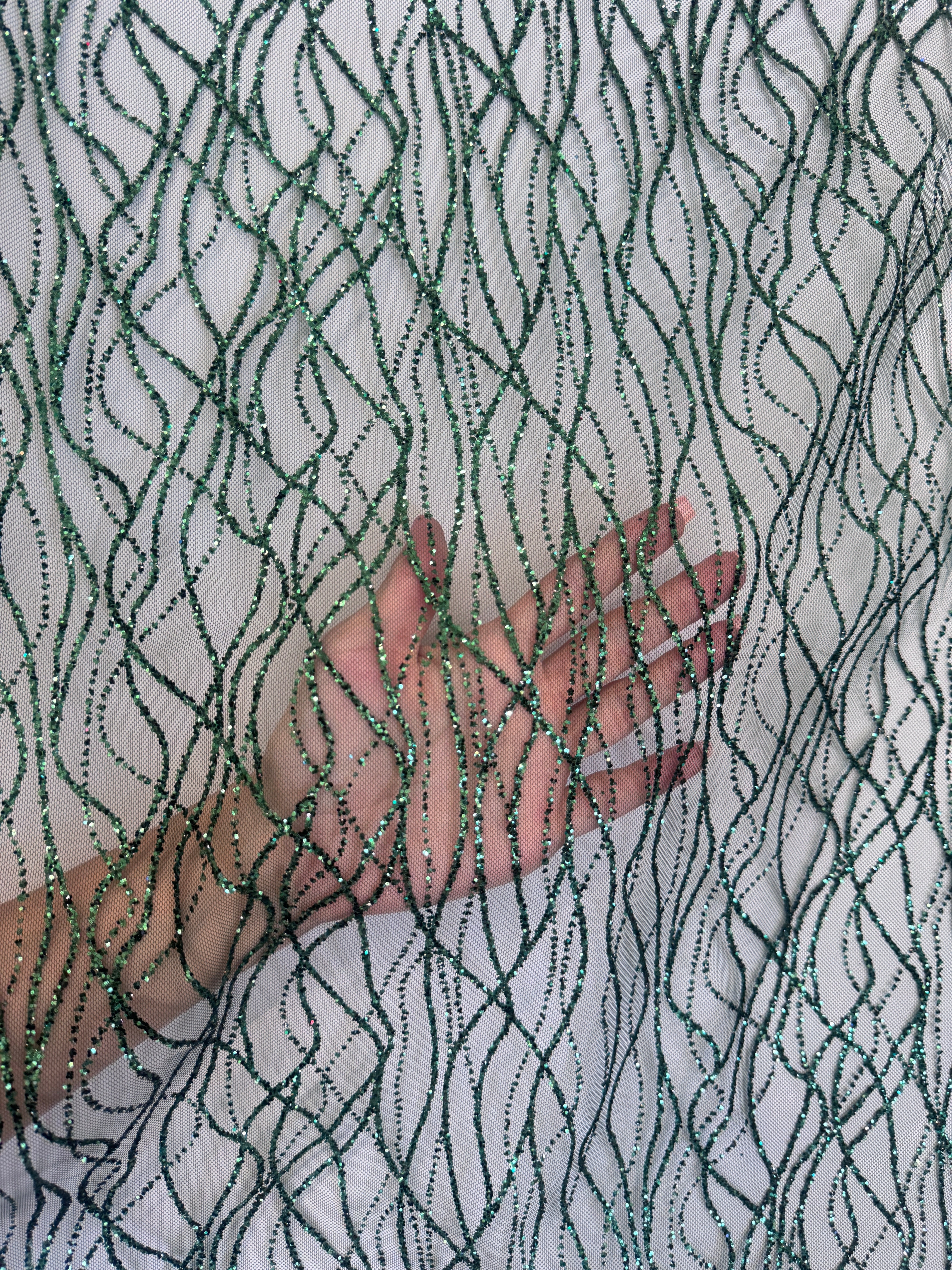 Emerald Green Glitter Lace on Mesh, shop fabrics online, sewing, fabric store, sewing store, cheap fabric store, kiki textiles, textile by the yard