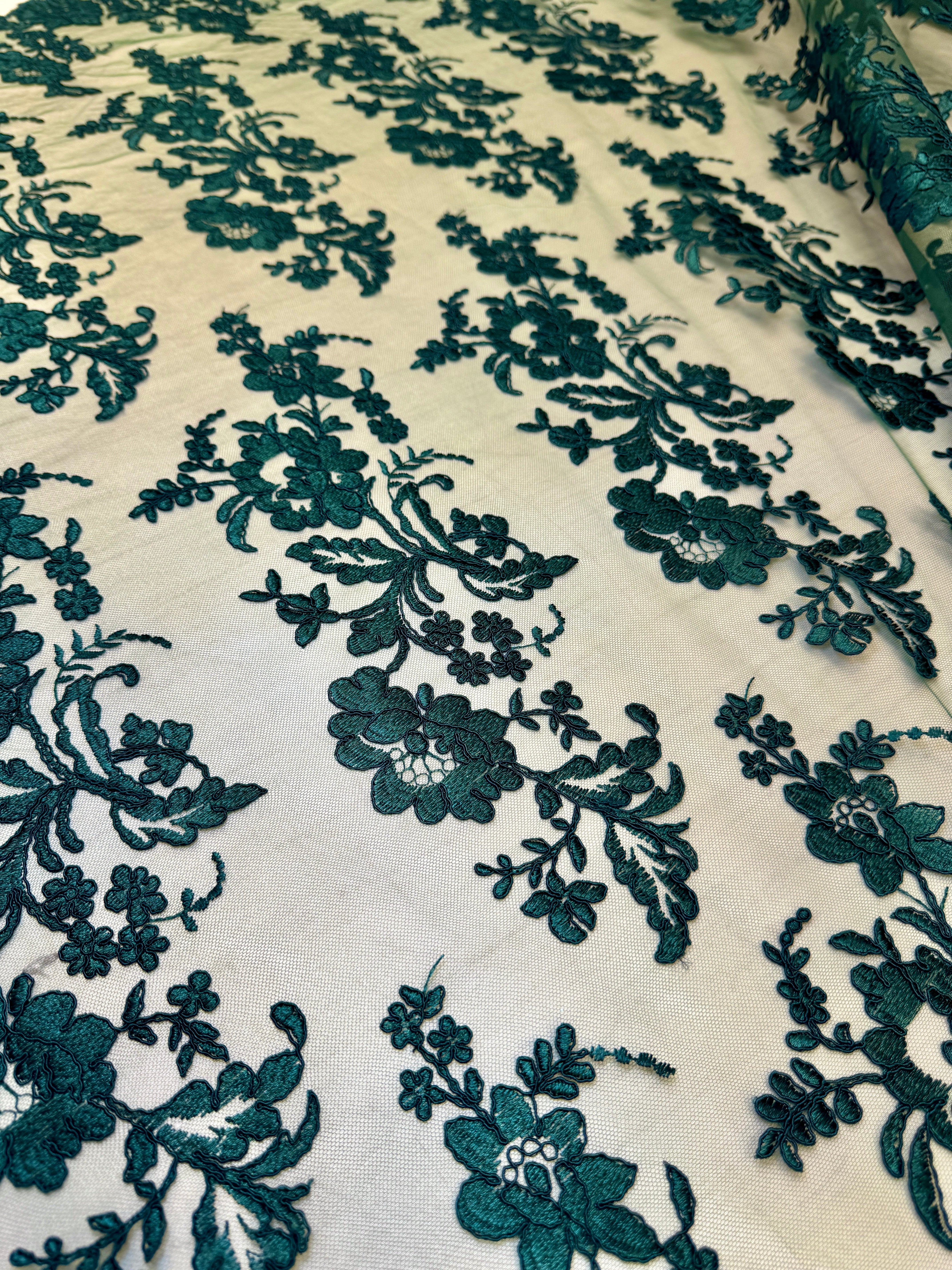 Hunter Green Romantic Bloom Embroidered Mesh Lace, Romantic Lace Fabric, Sheer Embroidered Lace, Bloom Lace Fabric, Bridal Lace Fabric, Wedding Dress Lace
