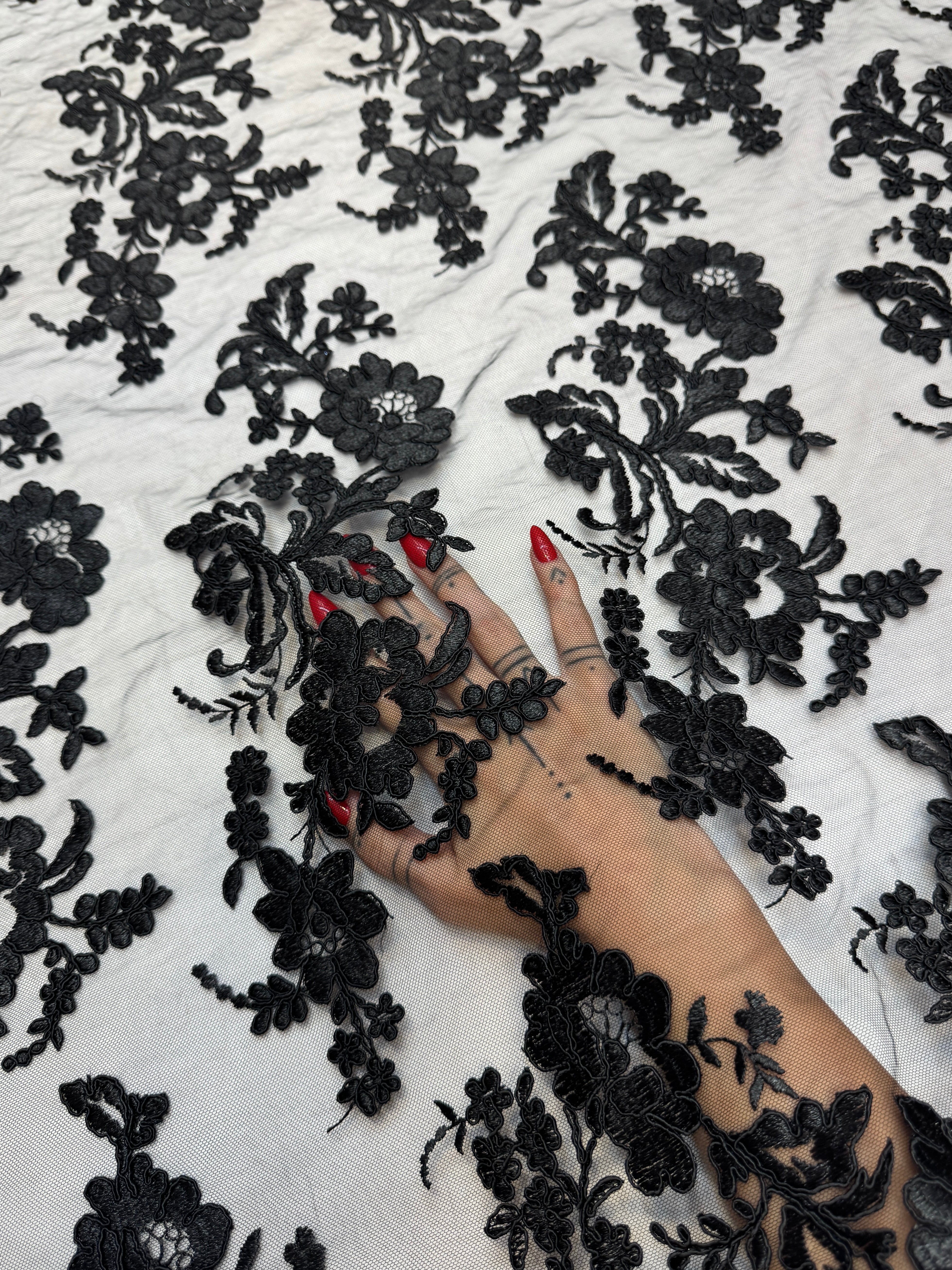 Black Romantic Bloom Embroidered Mesh Lace, Romantic Lace Fabric, Sheer Embroidered Lace, Bloom Lace Fabric, Bridal Lace Fabric, Wedding Dress Lace