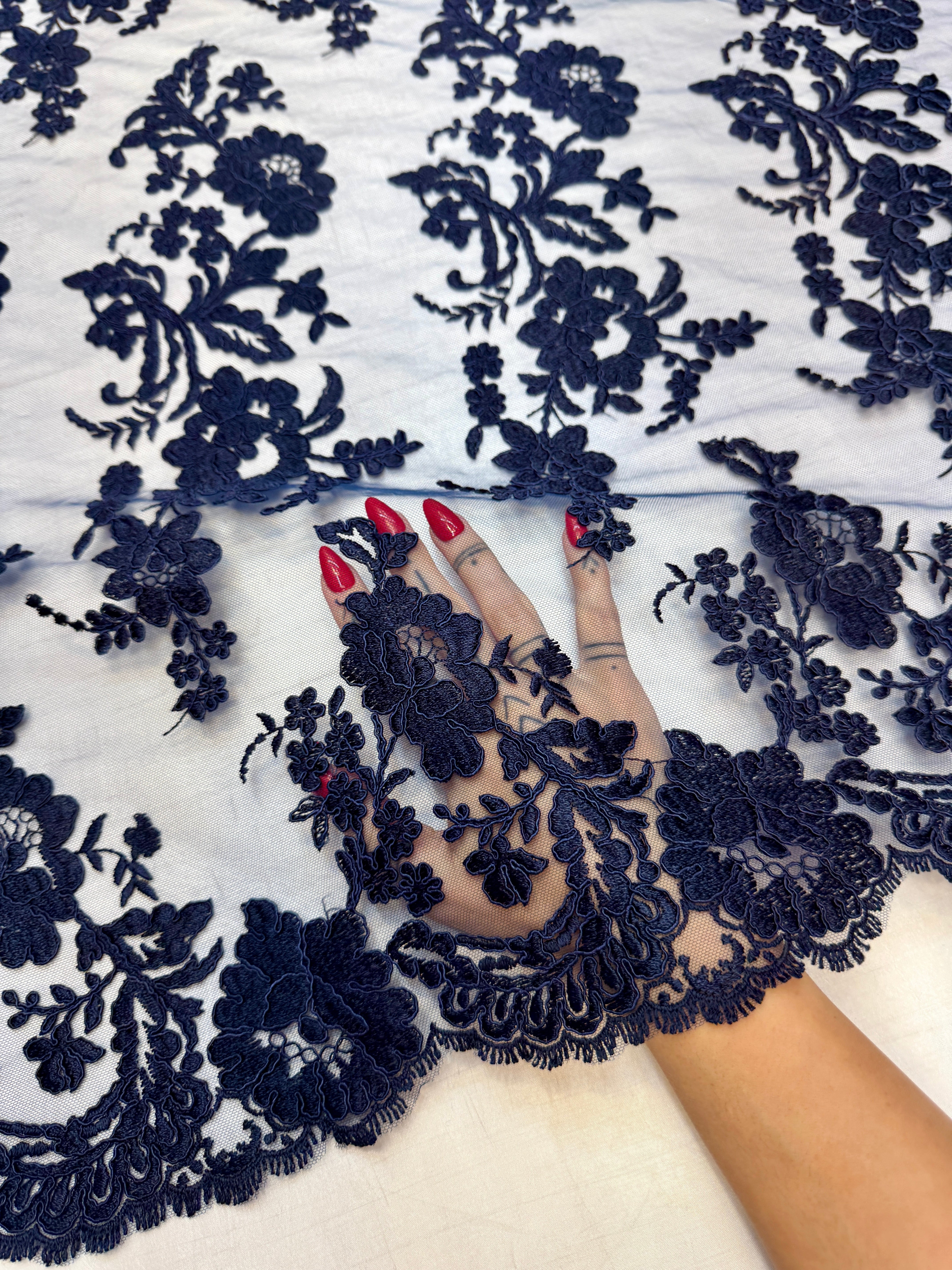 Navy Romantic Bloom Embroidered Mesh Lace, Kiki Sewing Store, Kiki Luxury Fabric, Cheap Fabric Store, Kiki Textiles, Kiki Textile by the Yard, Kiki Textile USA