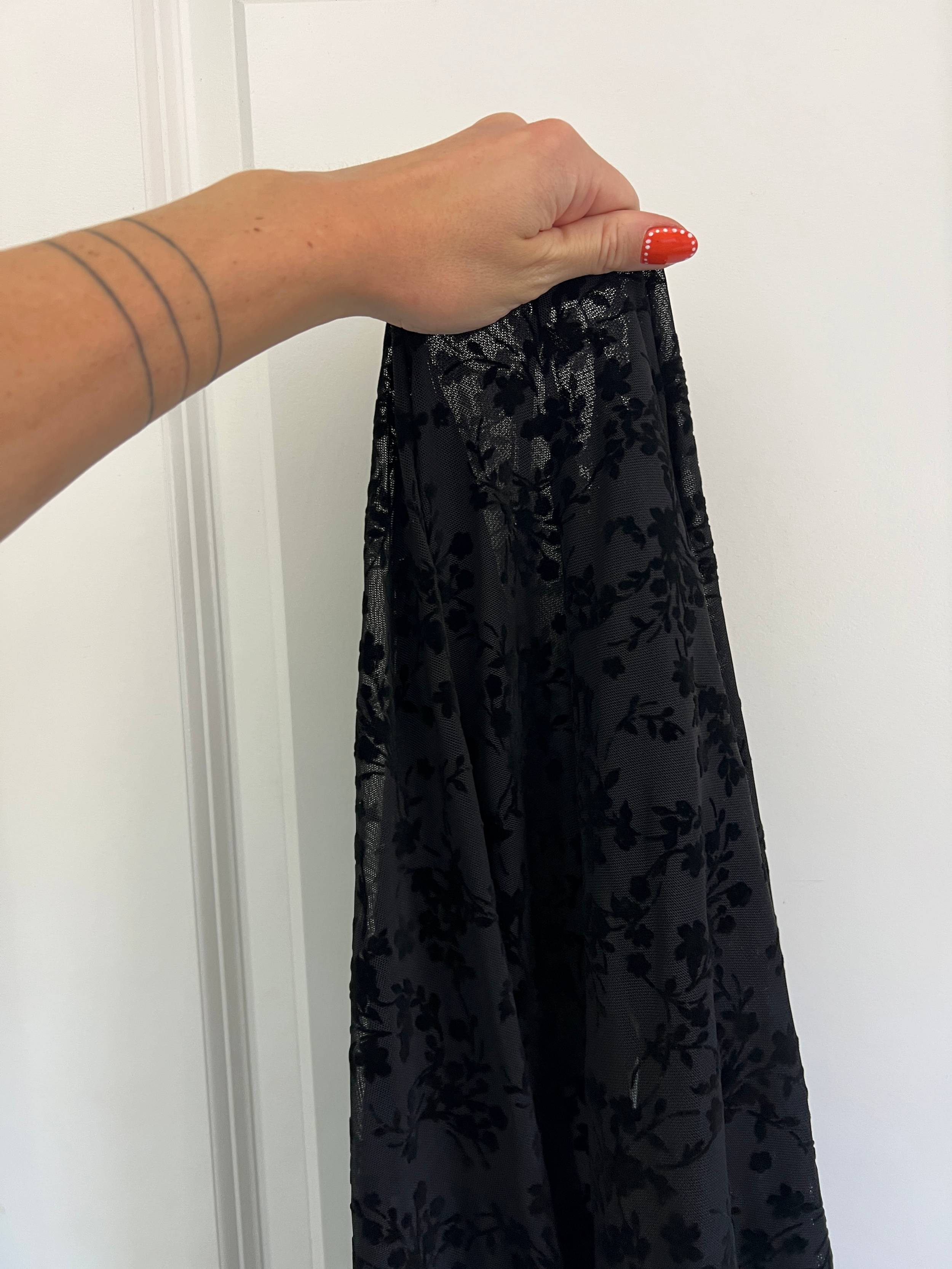 Black Velvet Flowers On Black Mesh, Kiki Sewing Store, Kiki Luxury Fabric, Cheap Fabric Store, Kiki Textiles, Kiki Textile by the Yard, Kiki Textile USA