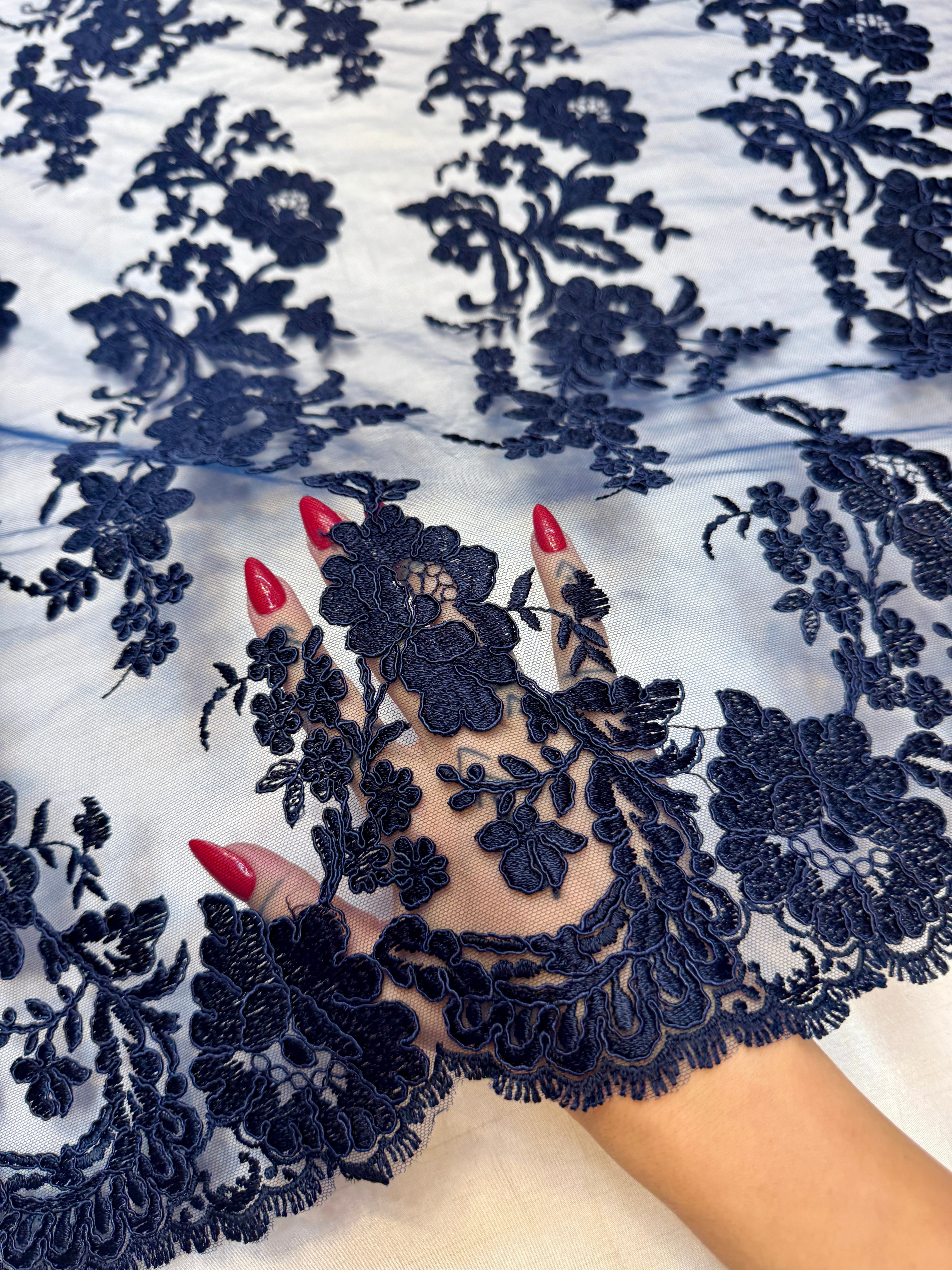 Navy Romantic Bloom Embroidered Mesh Lace, Kiki Sewing Store, Kiki Luxury Fabric, Cheap Fabric Store, Kiki Textiles, Kiki Textile by the Yard, Kiki Textile USA