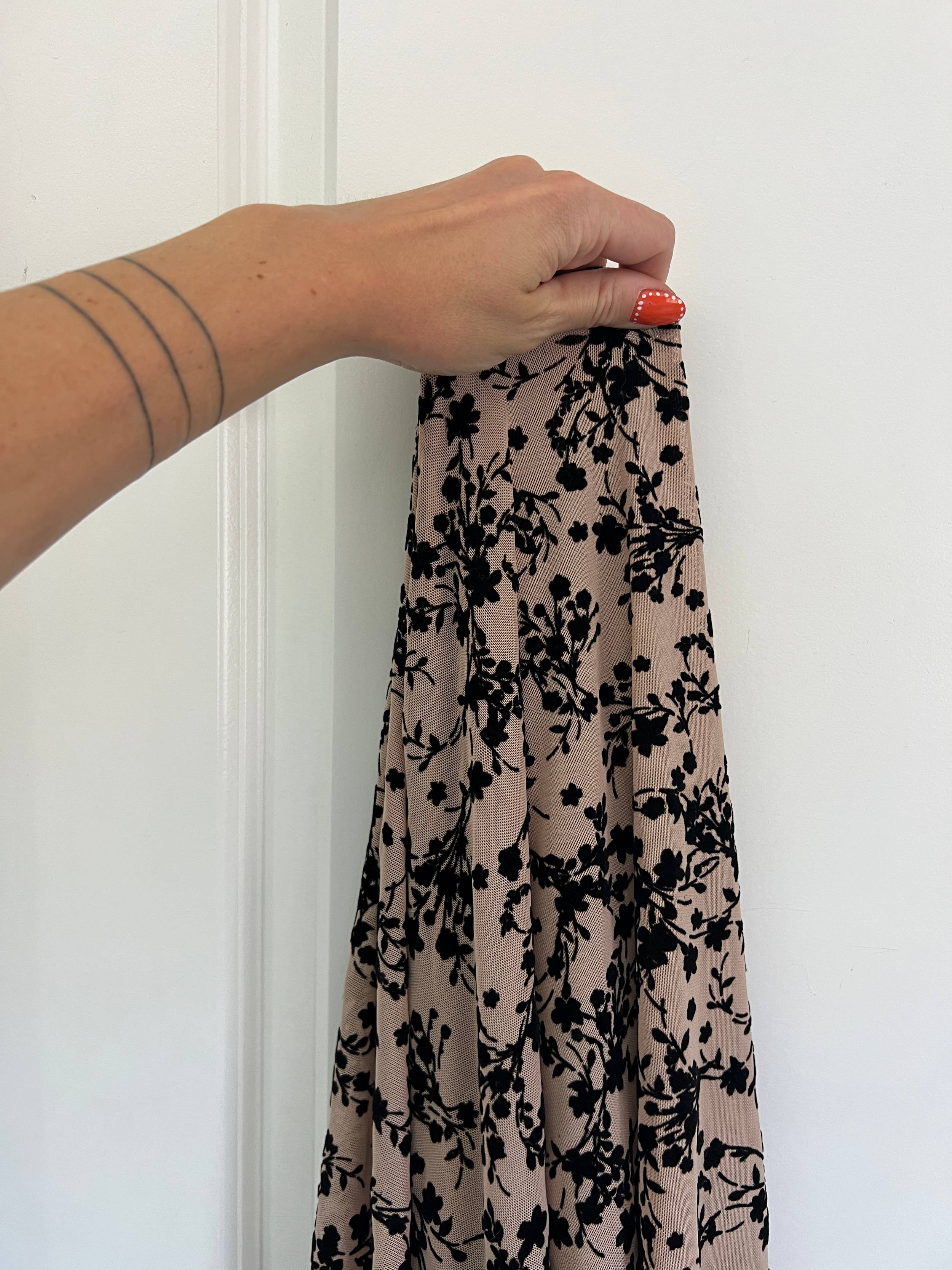 Black Velvet Flowers on Nude Mesh, Kiki Sewing Store, Kiki Luxury Fabric, Cheap Fabric Store, Kiki Textiles, Kiki Textile by the Yard, Kiki Textile USA