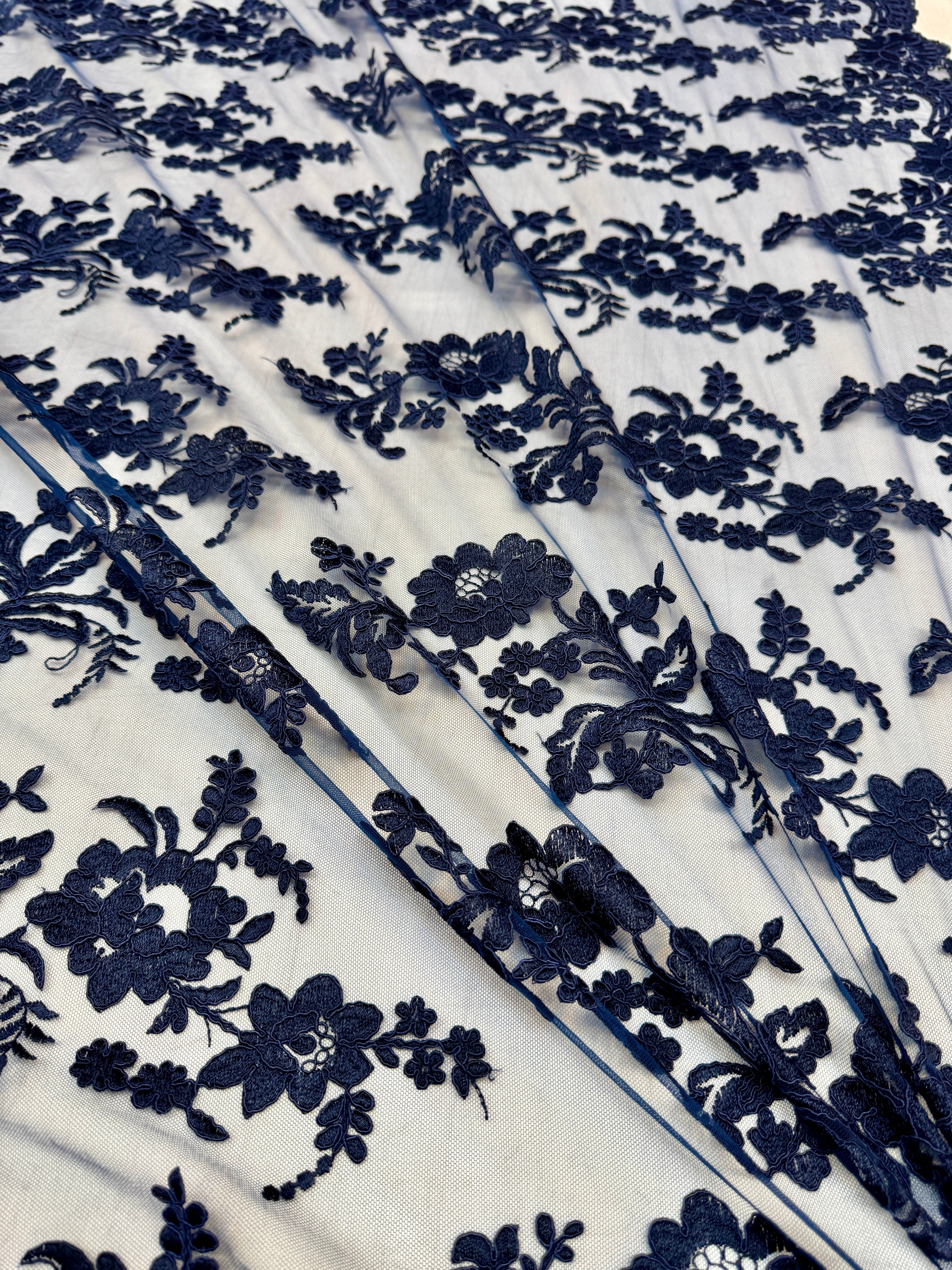 Navy Romantic Bloom Embroidered Mesh Lace, Romantic Lace Fabric, Sheer Embroidered Lace, Bloom Lace Fabric, Bridal Lace Fabric, Wedding Dress Lace