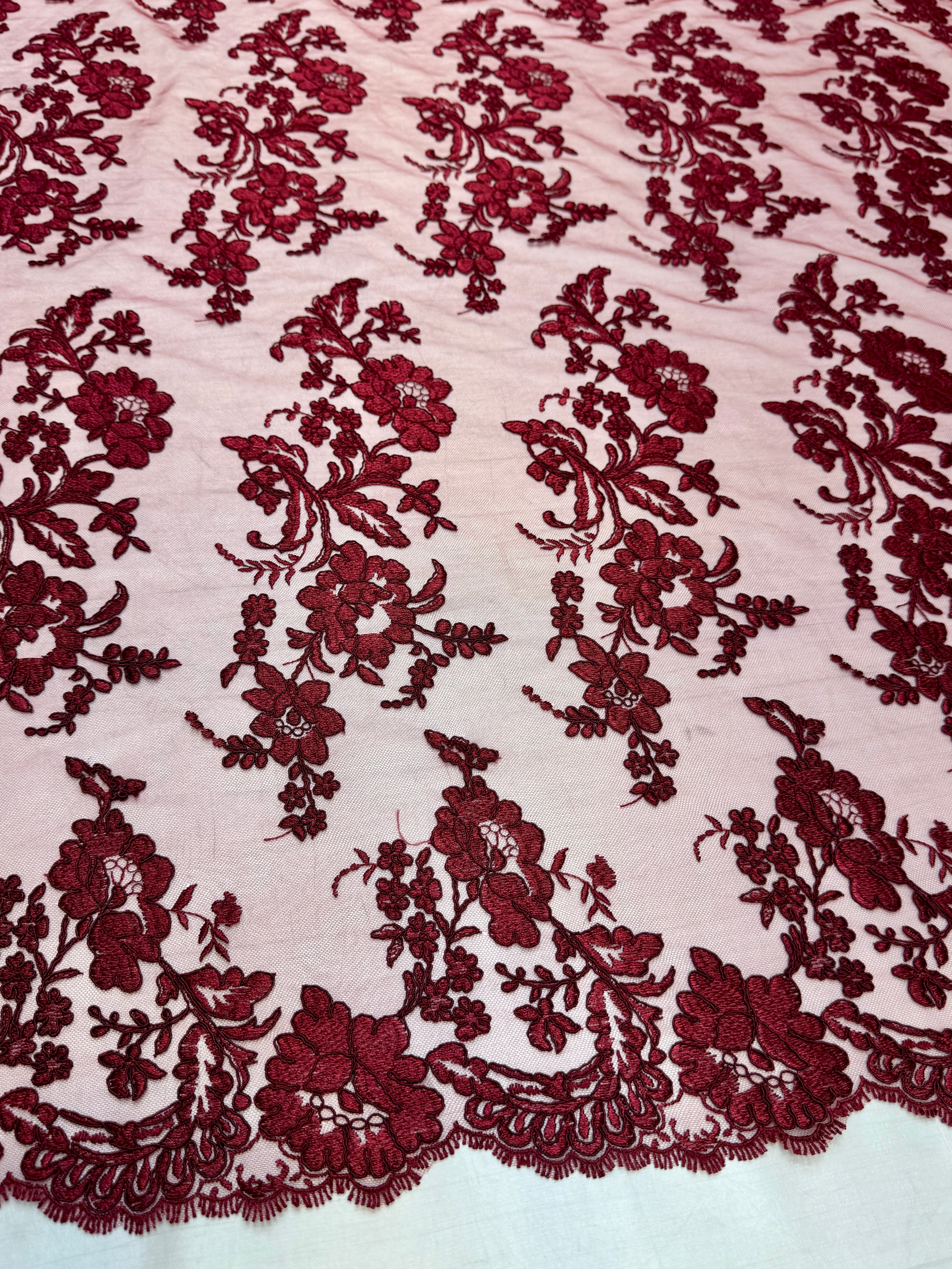 Burgundy Romantic Bloom Embroidered Mesh Lace, Romantic Lace Fabric, Sheer Embroidered Lace, Bloom Lace Fabric, Bridal Lace Fabric, Wedding Dress Lace