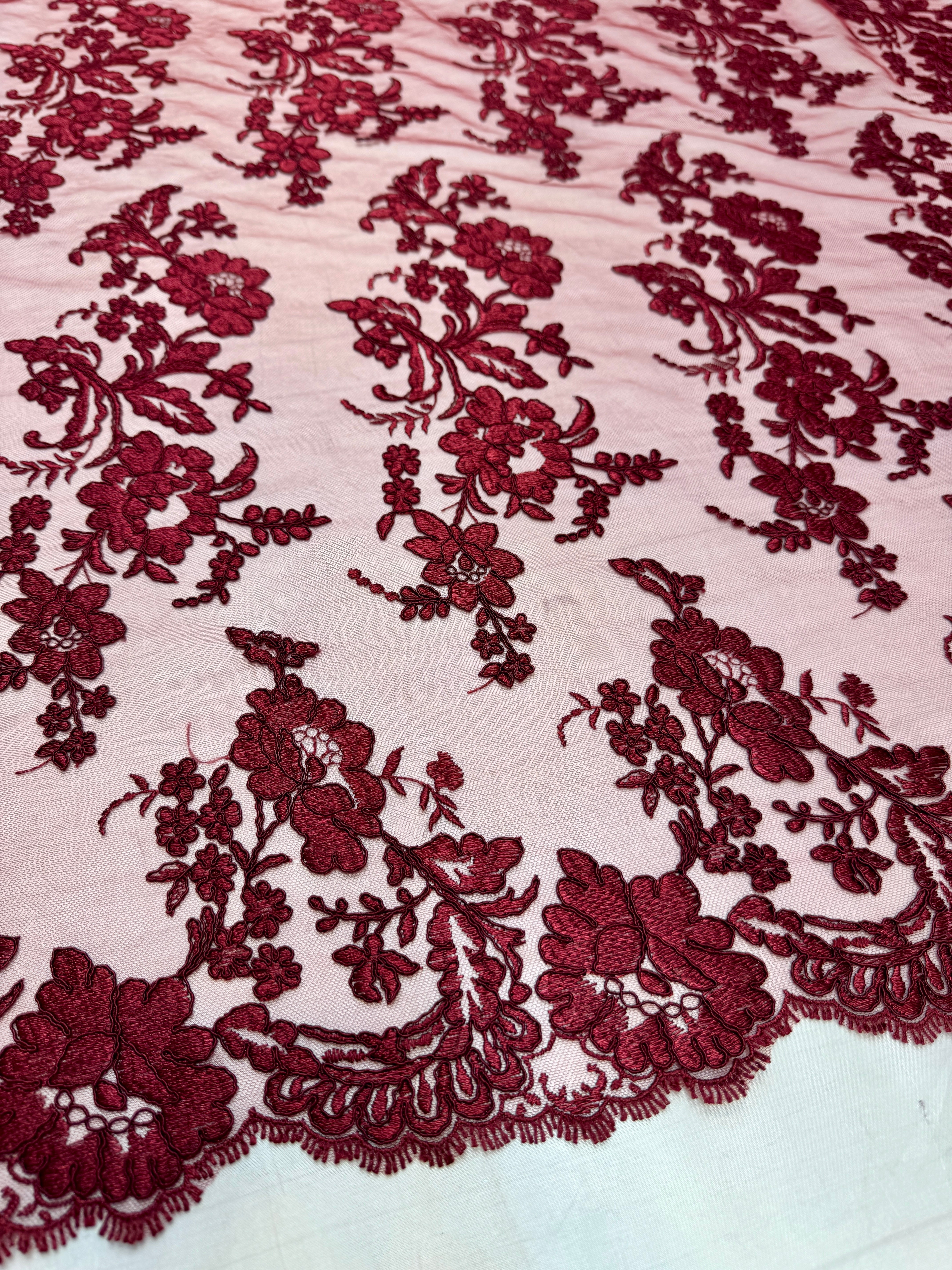 Burgundy Romantic Bloom Embroidered Mesh Lace, Romantic Lace Fabric, Sheer Embroidered Lace, Bloom Lace Fabric, Bridal Lace Fabric, Wedding Dress Lace