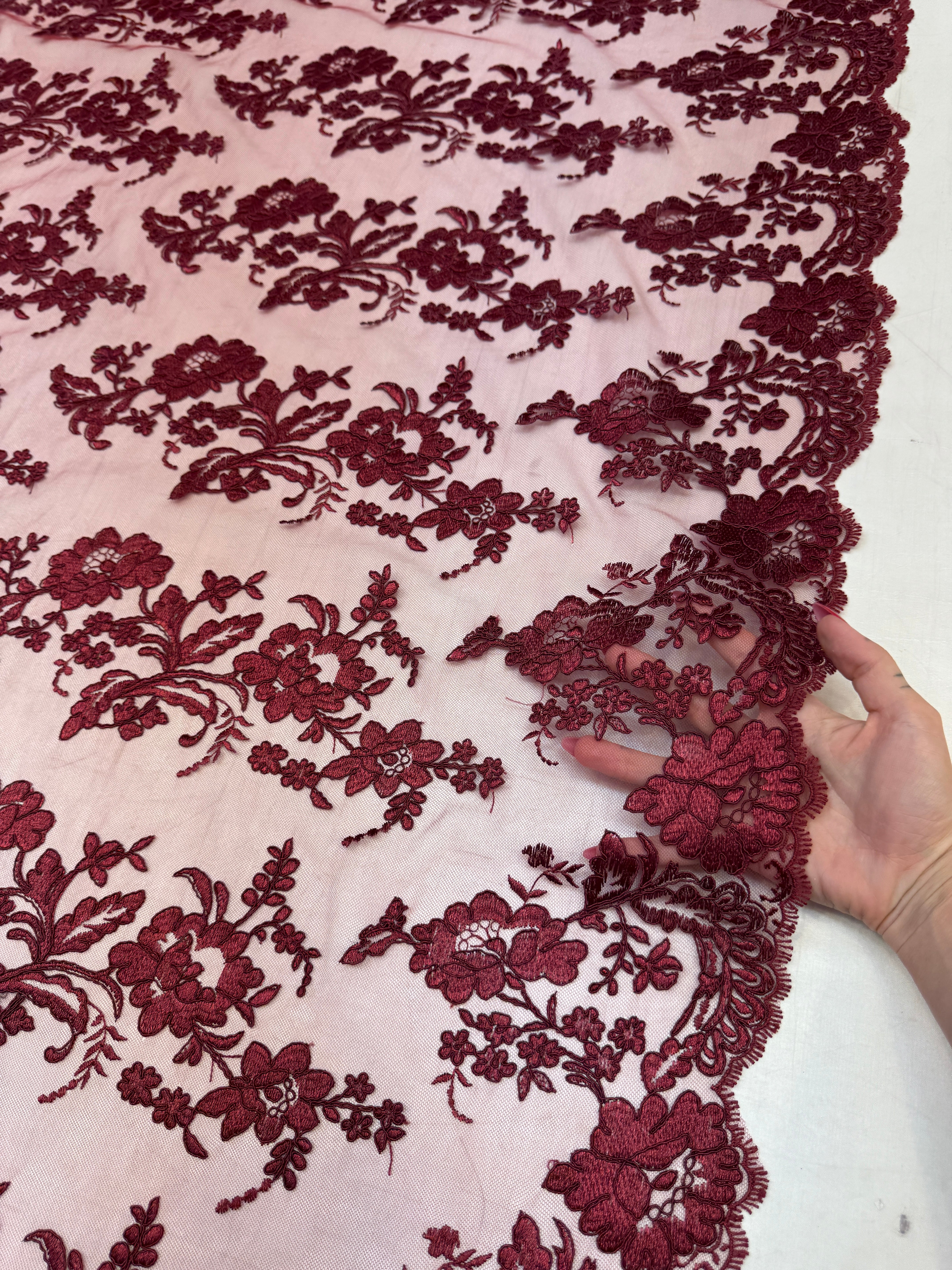Burgundy Romantic Bloom Embroidered Mesh Lace, Kiki Sewing Store, Kiki Luxury Fabric, Cheap Fabric Store, Kiki Textiles, Kiki Textile by the Yard, Kiki Textile USA