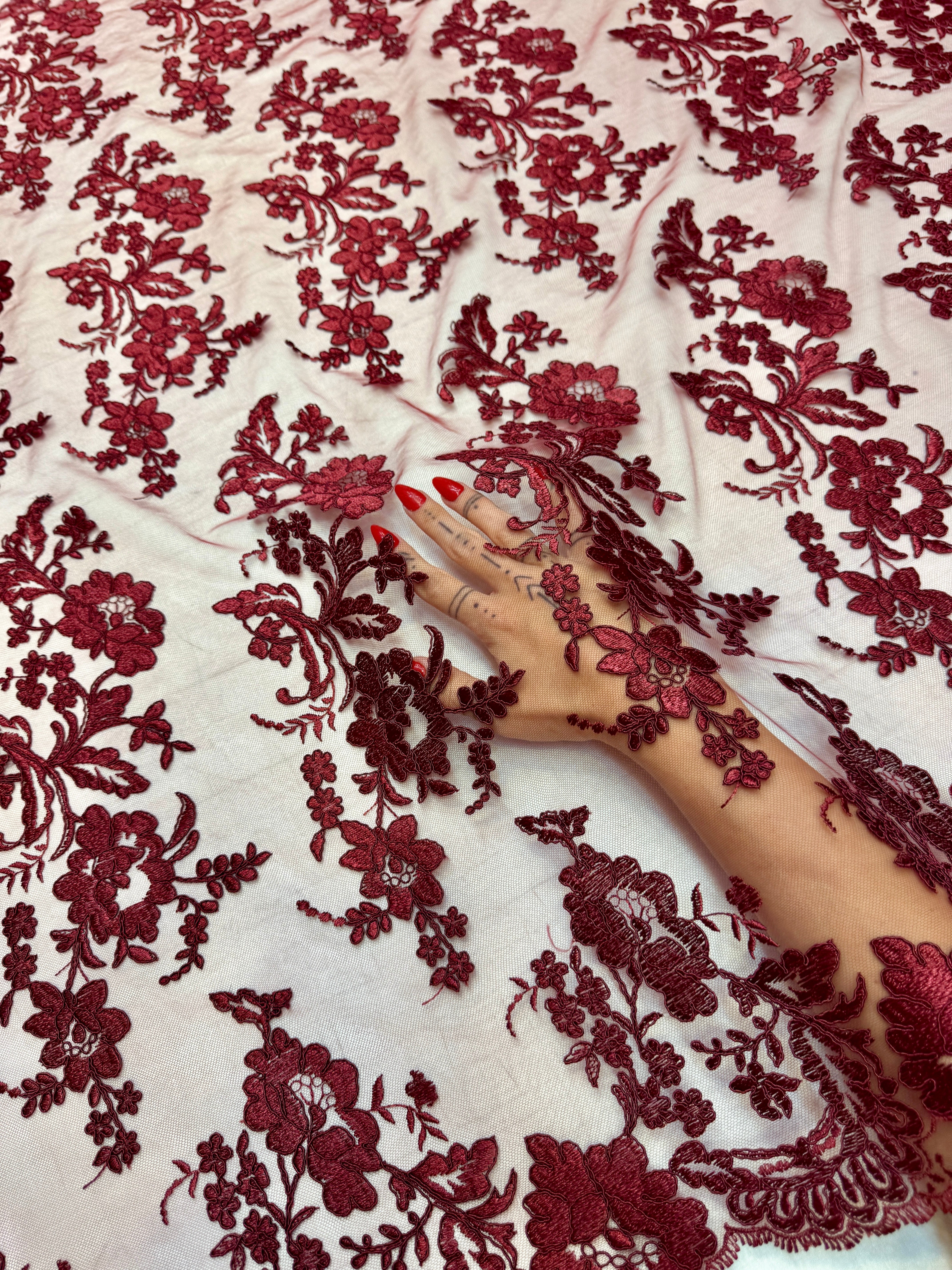 Burgundy Romantic Bloom Embroidered Mesh Lace, Kiki Sewing Store, Kiki Luxury Fabric, Cheap Fabric Store, Kiki Textiles, Kiki Textile by the Yard, Kiki Textile USA