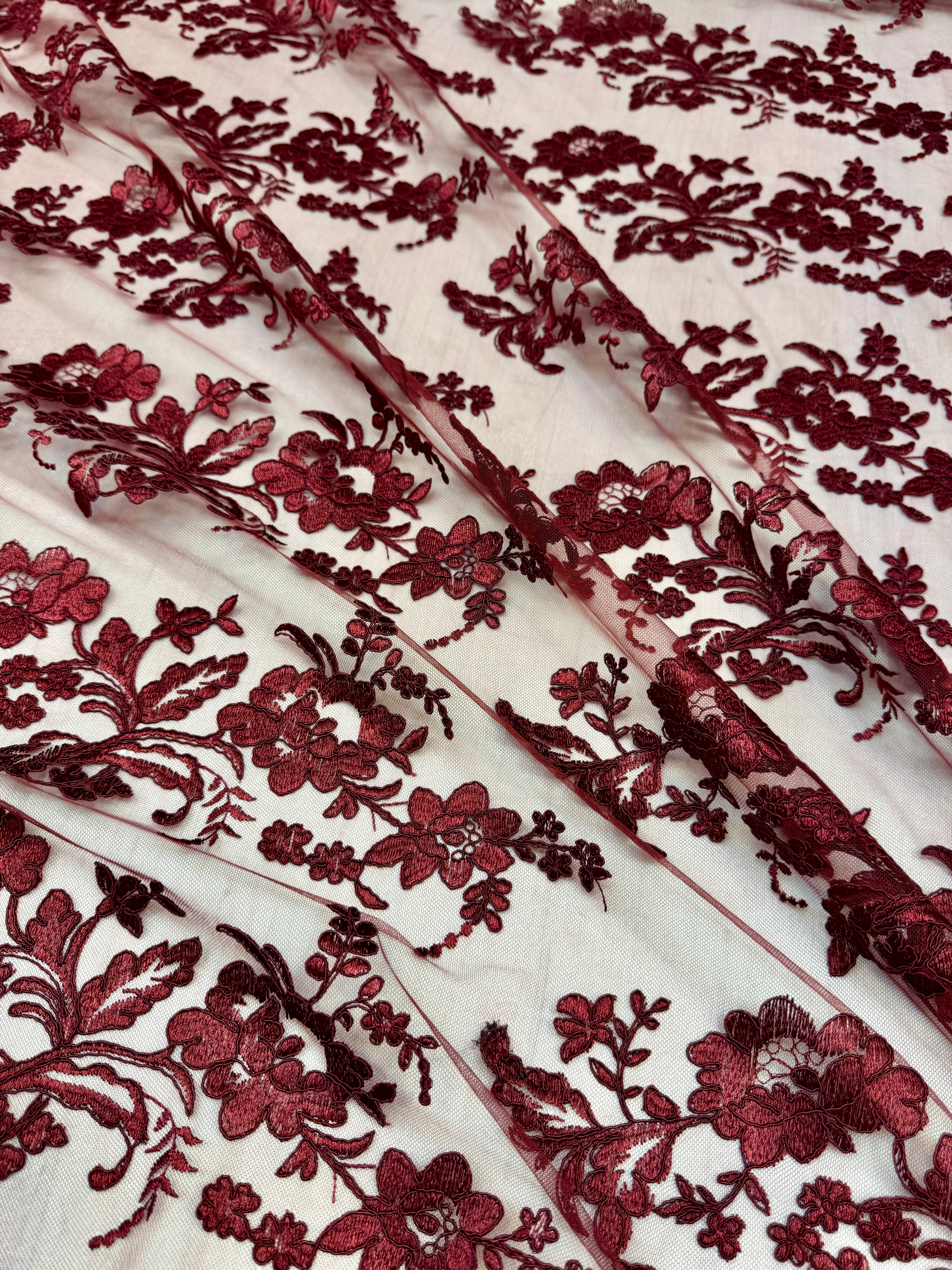 Burgundy Romantic Bloom Embroidered Mesh Lace, Romantic Lace Fabric, Sheer Embroidered Lace, Bloom Lace Fabric, Bridal Lace Fabric, Wedding Dress Lace