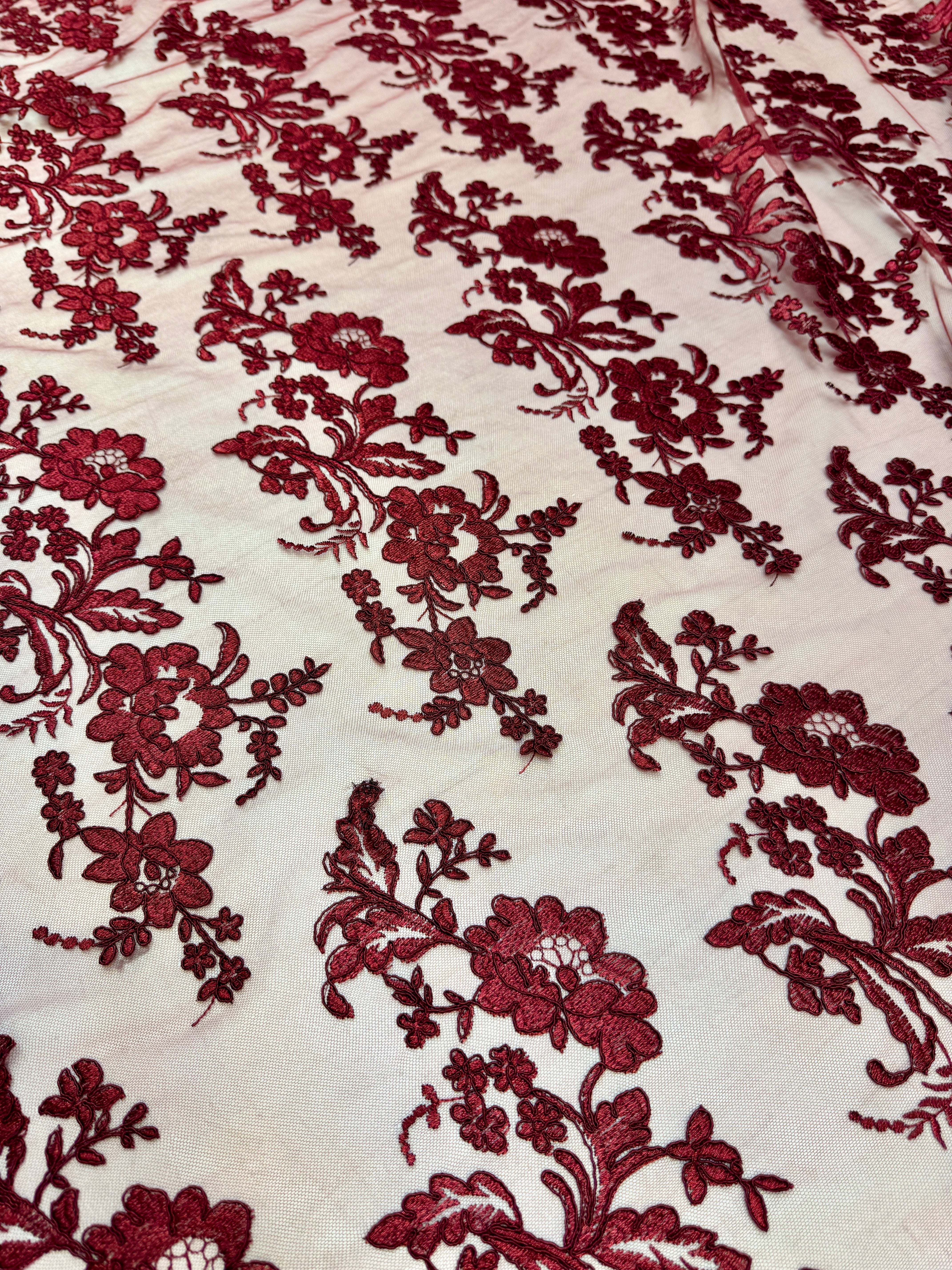 Burgundy Romantic Bloom Embroidered Mesh Lace, Romantic Lace Fabric, Sheer Embroidered Lace, Bloom Lace Fabric, Bridal Lace Fabric, Wedding Dress Lace