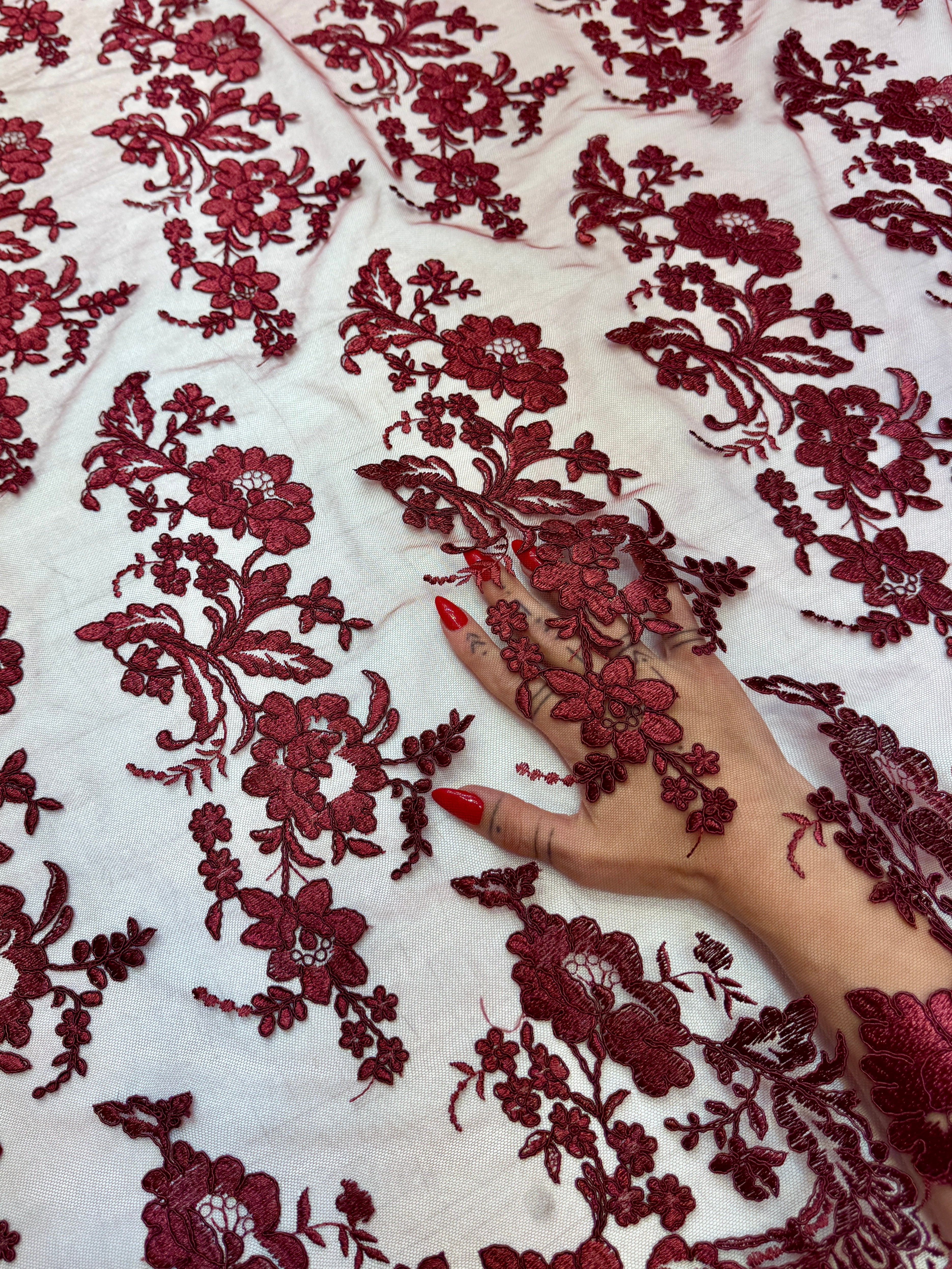 Burgundy Romantic Bloom Embroidered Mesh Lace, Kiki Sewing Store, Kiki Luxury Fabric, Cheap Fabric Store, Kiki Textiles, Kiki Textile by the Yard, Kiki Textile USA