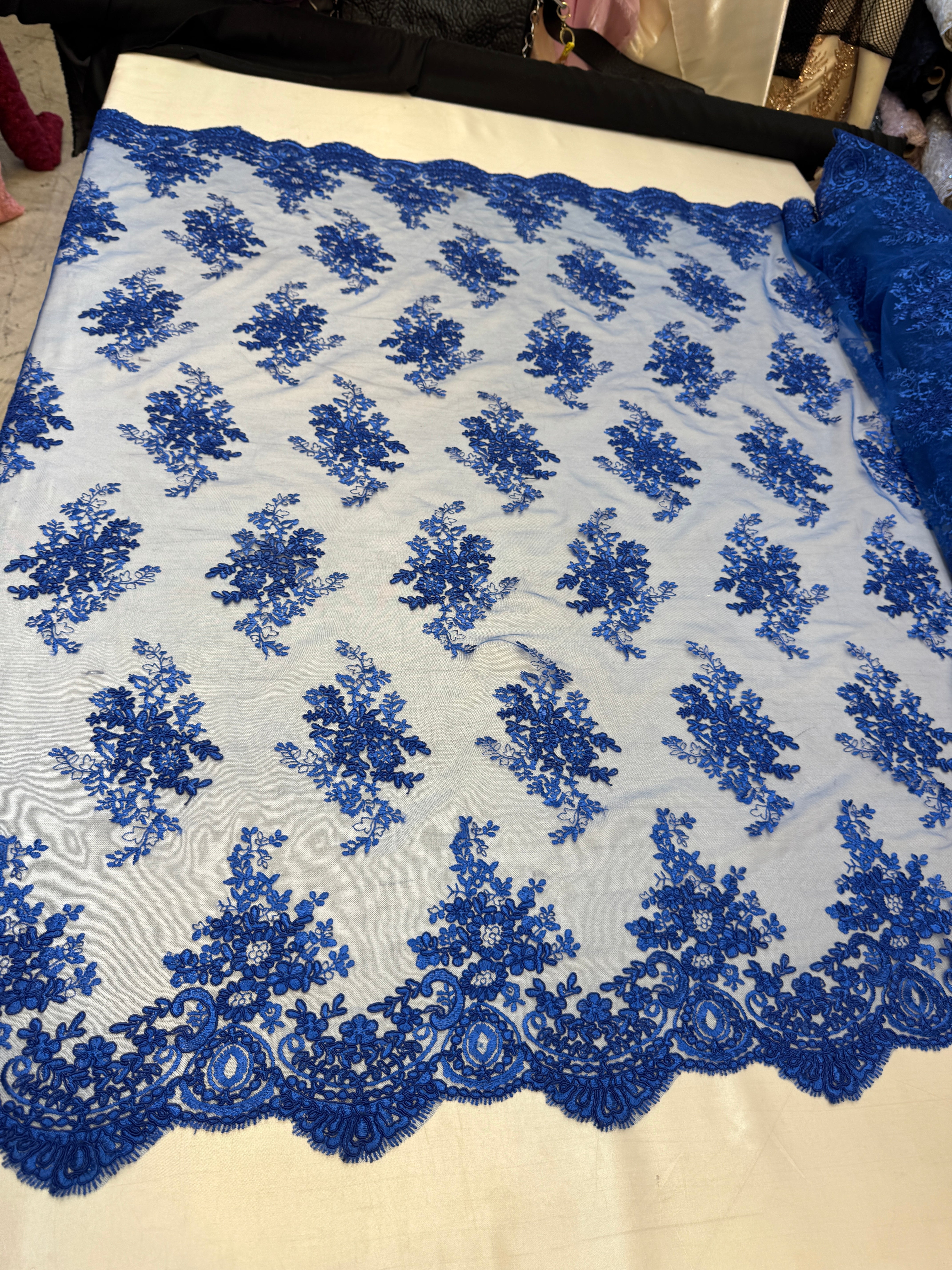 Royal Blue Fleur Scalloped Lace Mesh, Scalloped Lace Fabric, Fleur Lace Fabric, Embroidered Lace Mesh, Sheer Lace Fabric, Floral Mesh Fabric, Bridal Lace Fabric