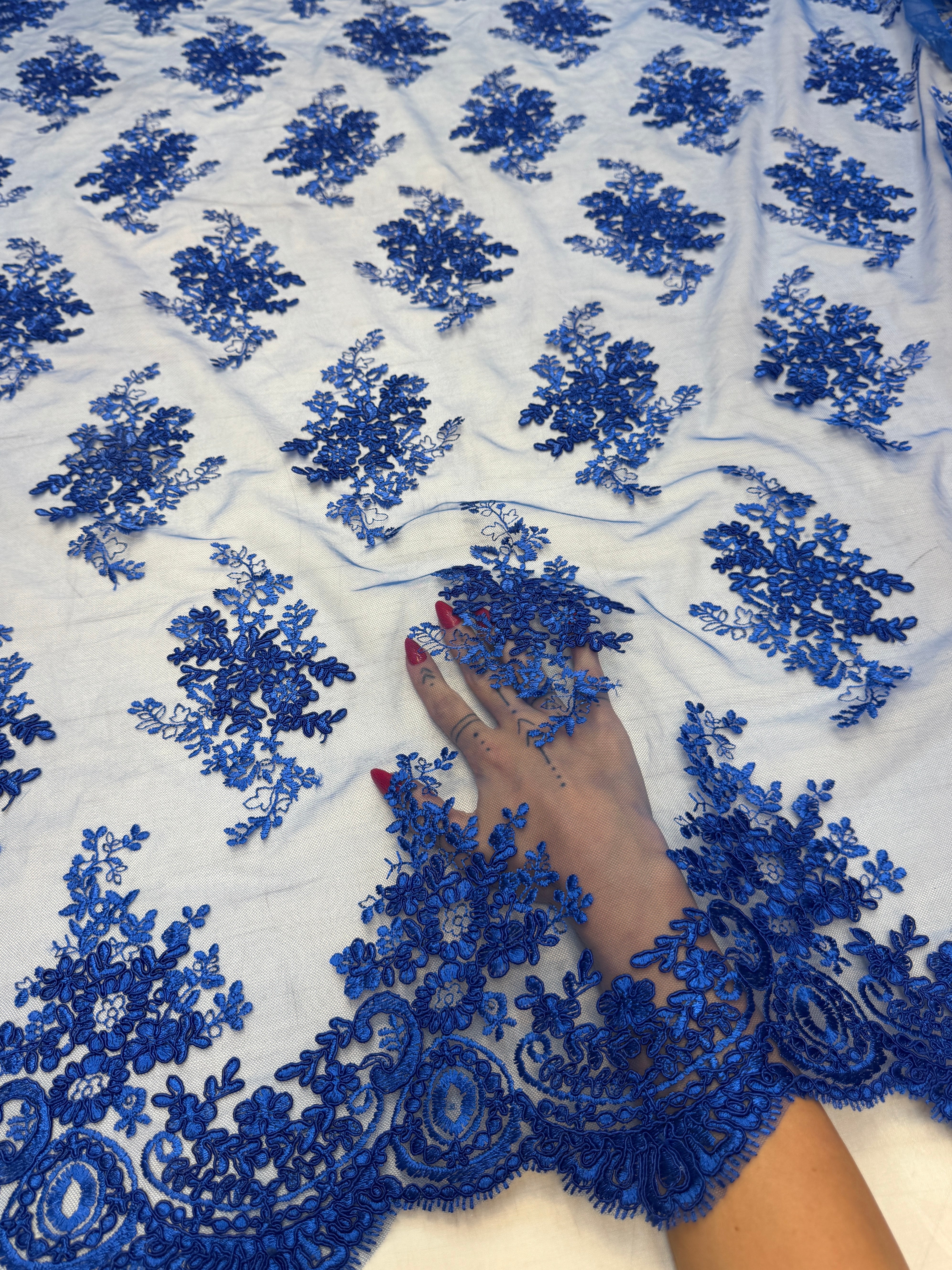 Royal Blue Fleur Scalloped Lace Mesh, Scalloped Lace Fabric, Fleur Lace Fabric, Embroidered Lace Mesh, Sheer Lace Fabric, Floral Mesh Fabric, Bridal Lace Fabric