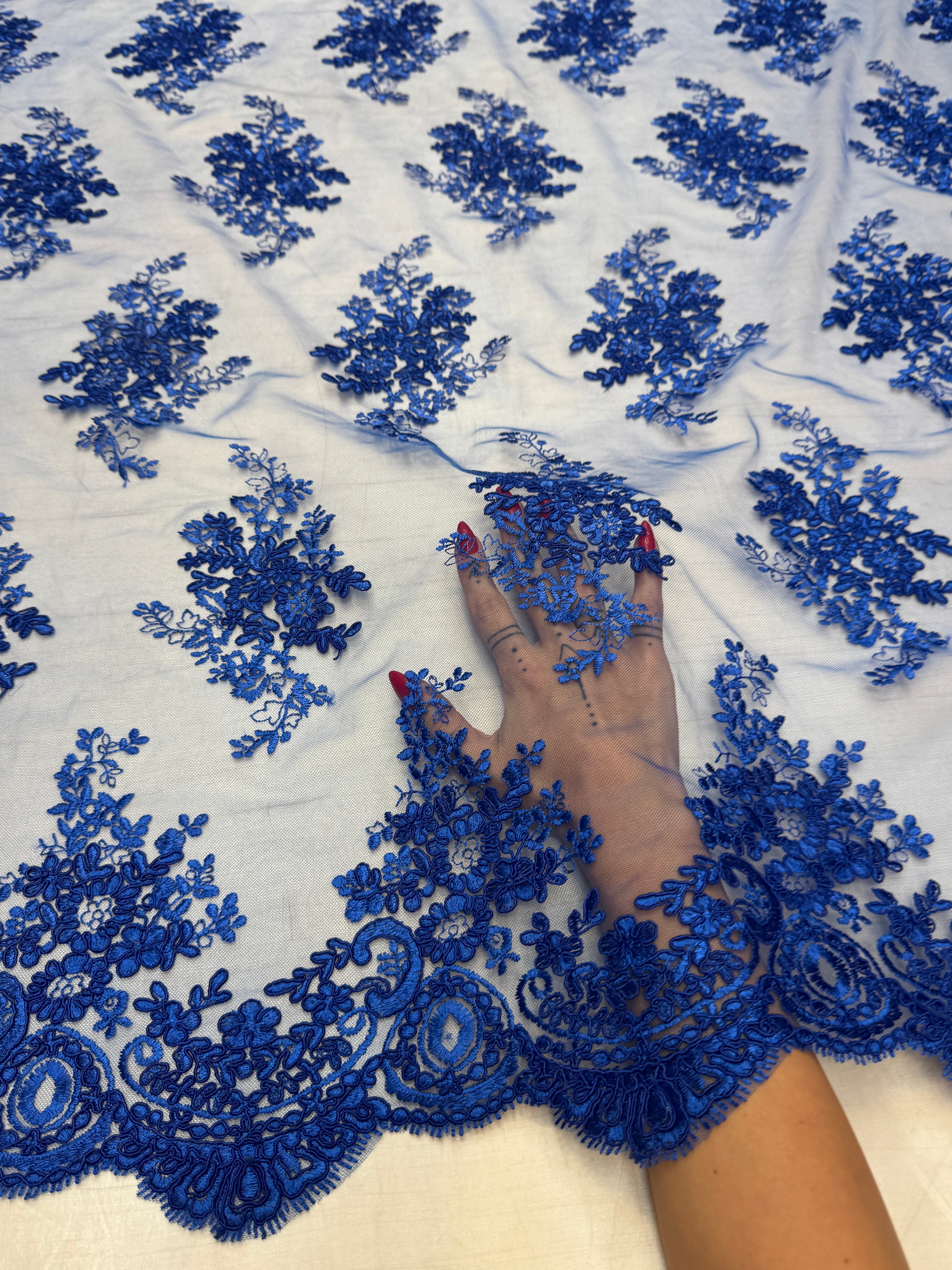 Royal Blue Fleur Scalloped Lace Mesh, Kiki Sewing Store, Kiki Luxury Fabric, Cheap Fabric Store, Kiki Textiles, Kiki Textile by the Yard, Kiki Textile USA