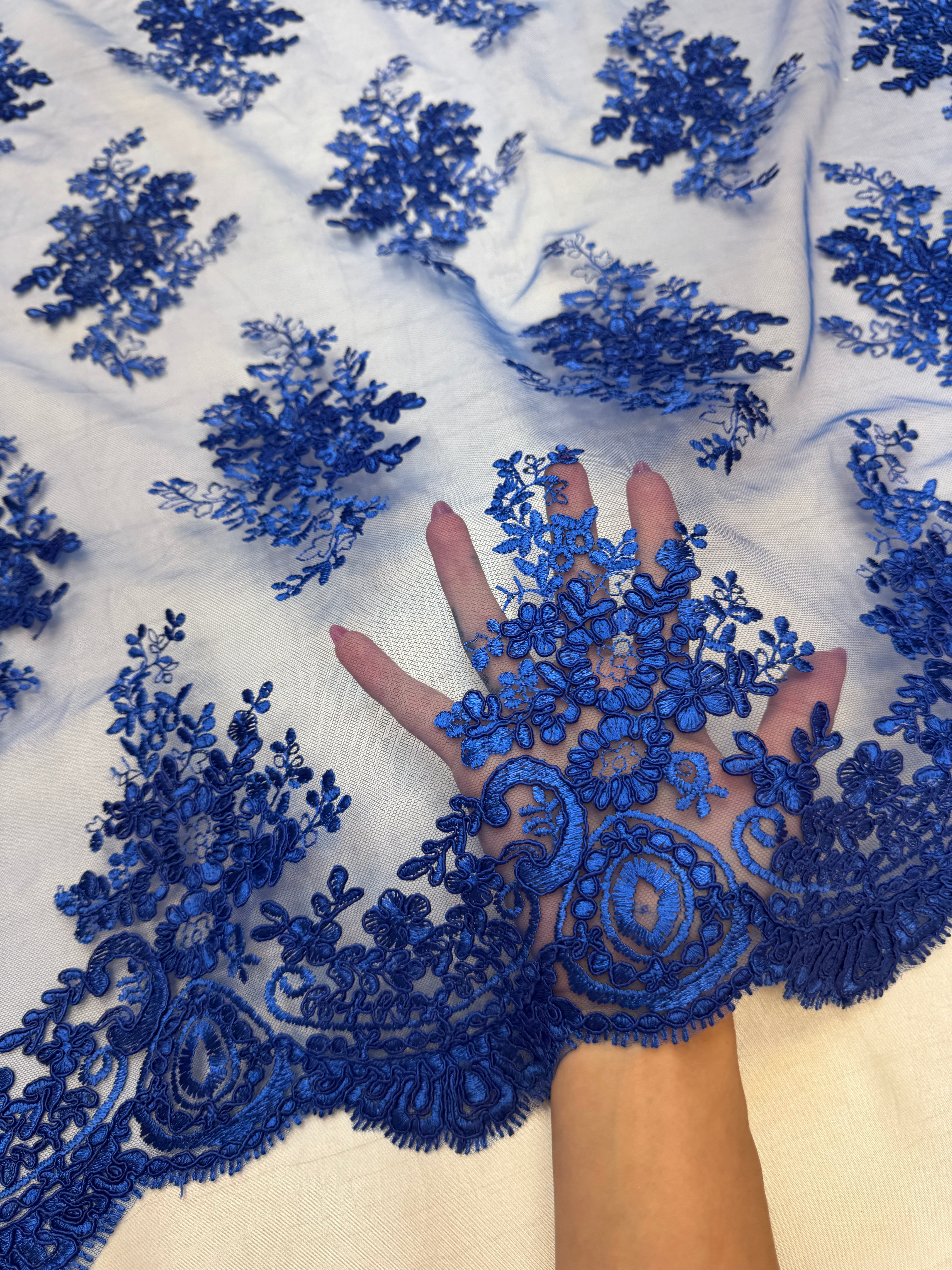 Royal Blue Fleur Scalloped Lace Mesh, Kiki Sewing Store, Kiki Luxury Fabric, Cheap Fabric Store, Kiki Textiles, Kiki Textile by the Yard, Kiki Textile USA
