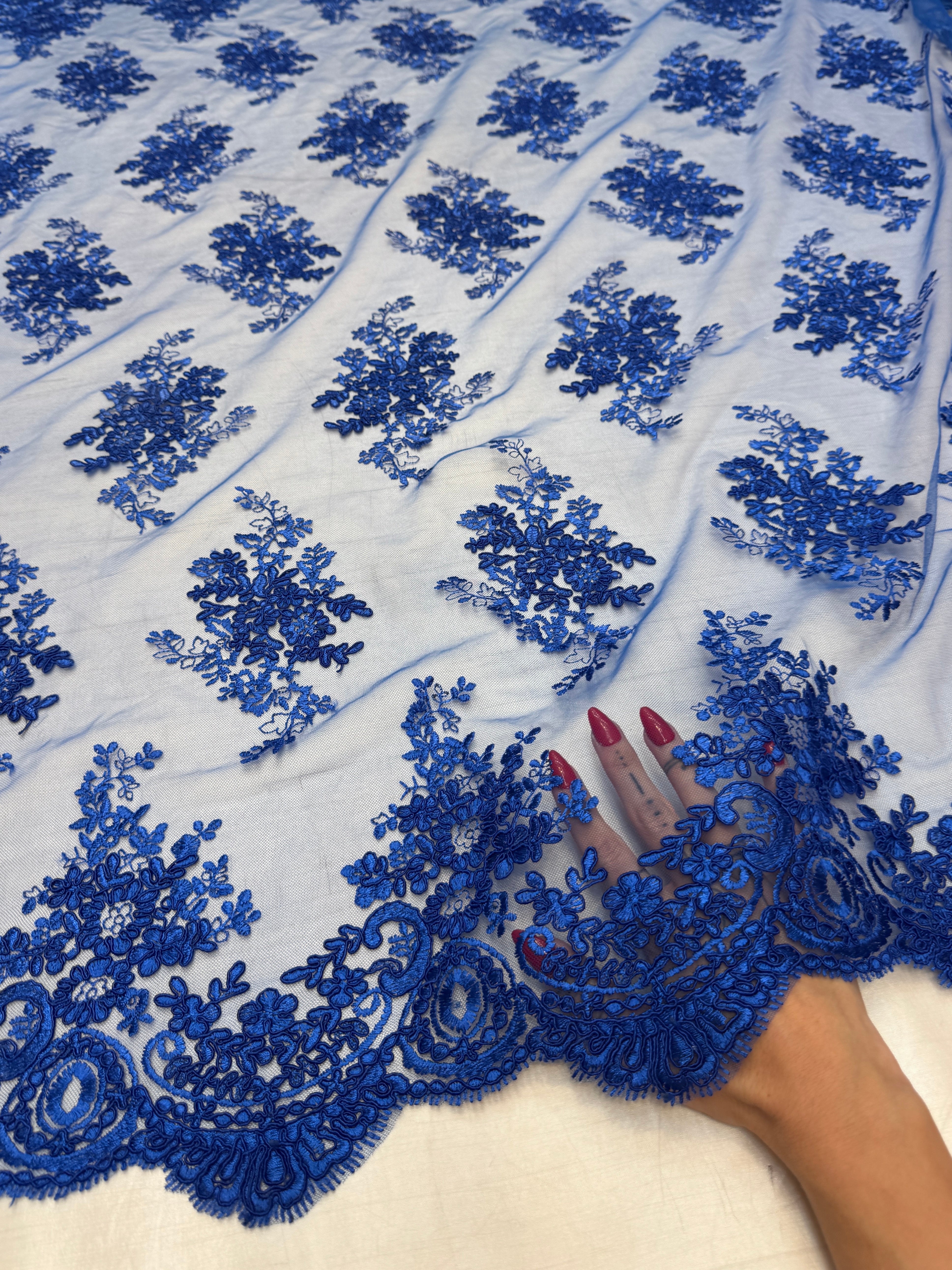 Royal Blue Fleur Scalloped Lace Mesh, Kiki Sewing Store, Kiki Luxury Fabric, Cheap Fabric Store, Kiki Textiles, Kiki Textile by the Yard, Kiki Textile USA