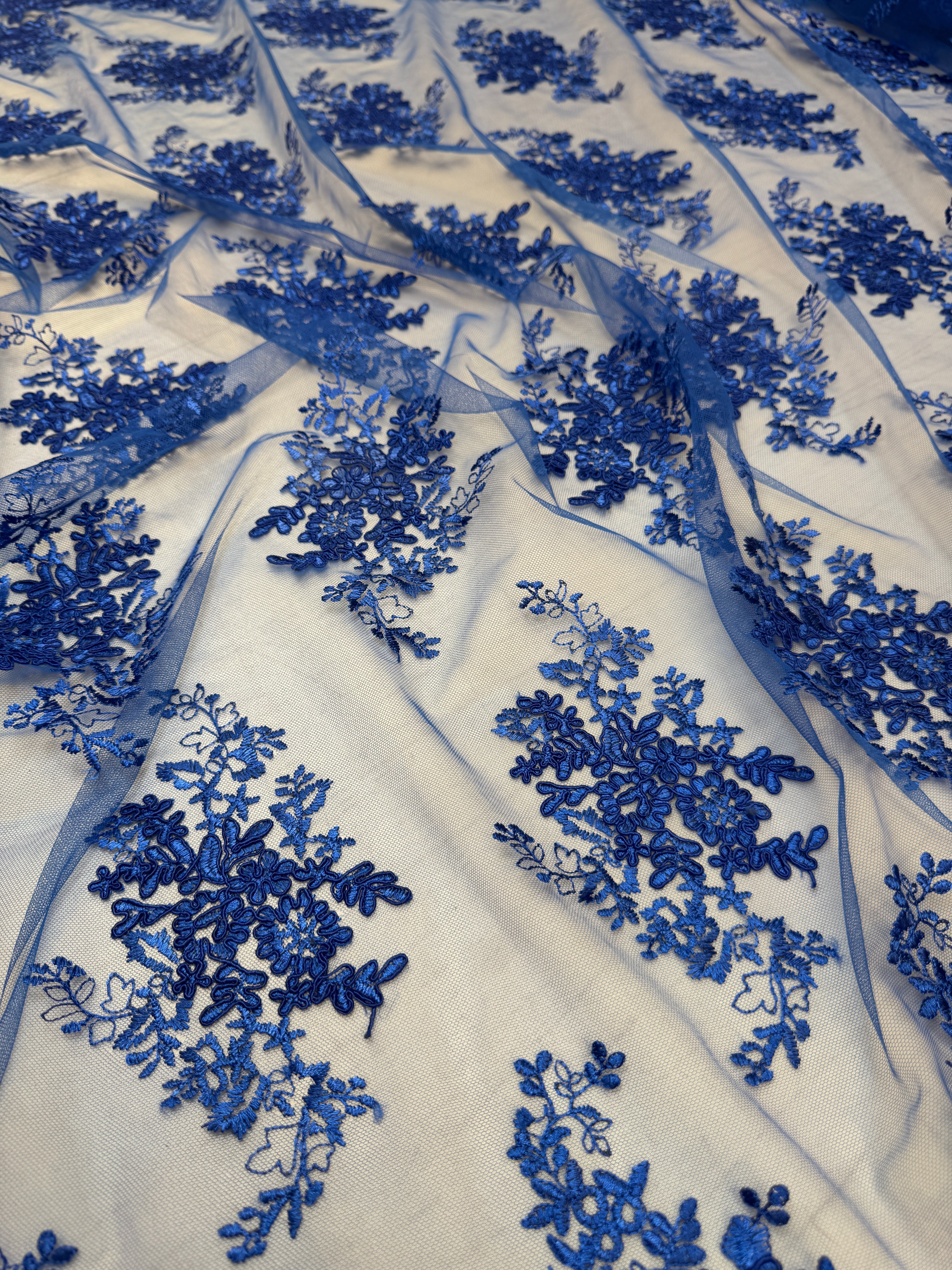 Royal Blue Fleur Scalloped Lace Mesh, Scalloped Lace Fabric, Fleur Lace Fabric, Embroidered Lace Mesh, Sheer Lace Fabric, Floral Mesh Fabric, Bridal Lace Fabric