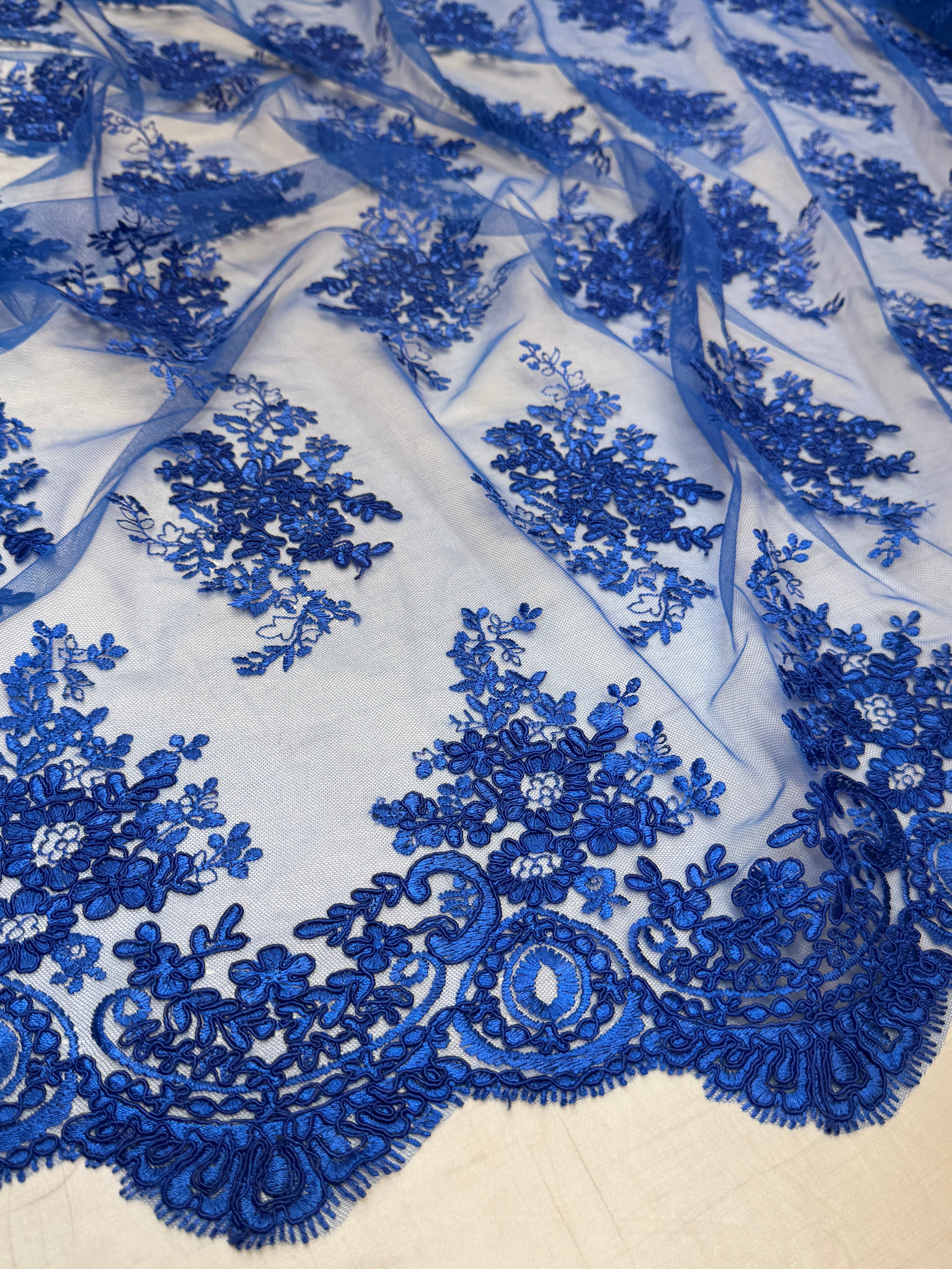 Royal Blue Fleur Scalloped Lace Mesh, Scalloped Lace Fabric, Fleur Lace Fabric, Embroidered Lace Mesh, Sheer Lace Fabric, Floral Mesh Fabric, Bridal Lace Fabric