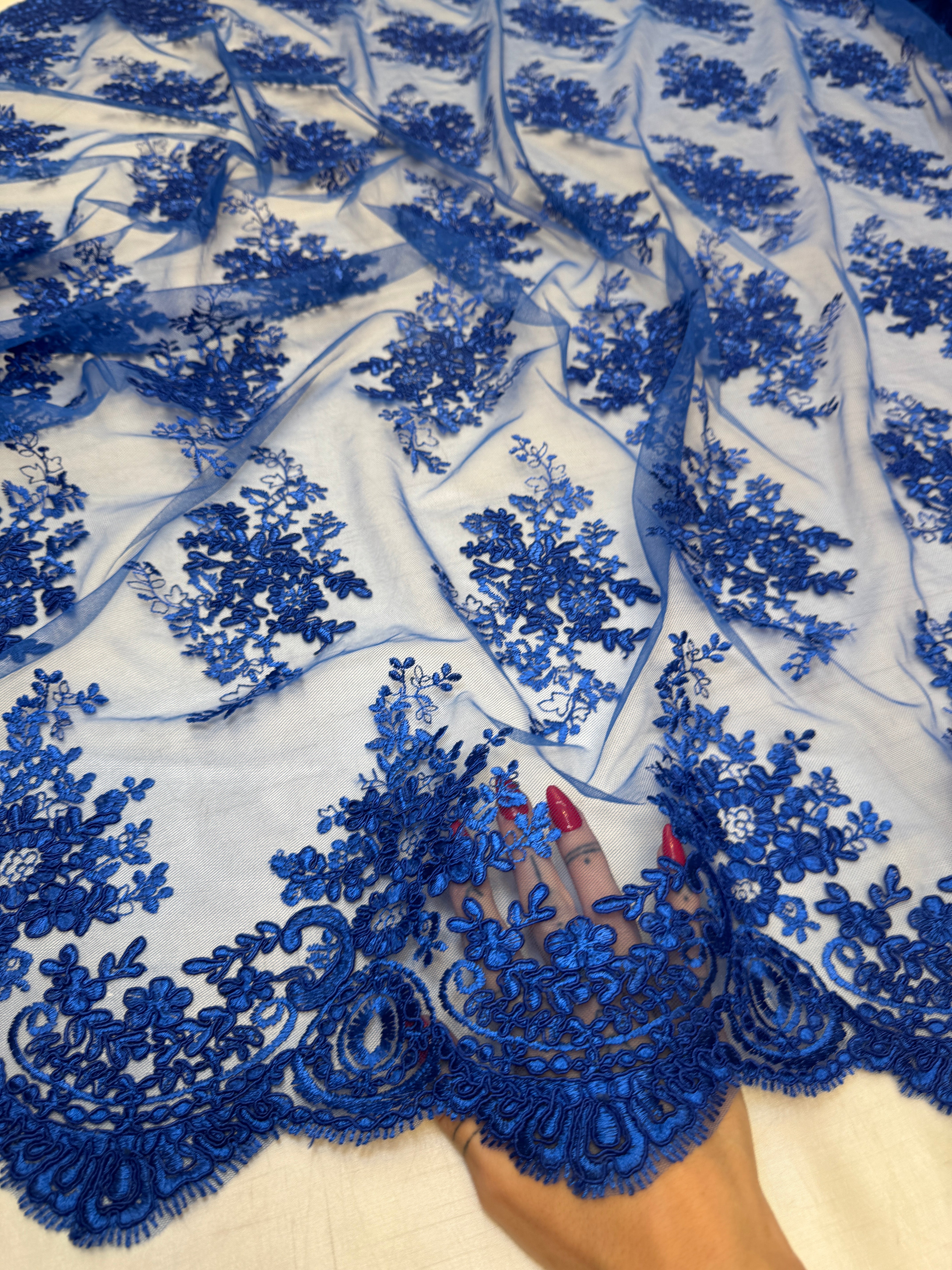 Royal Blue Fleur Scalloped Lace Mesh, Kiki Sewing Store, Kiki Luxury Fabric, Cheap Fabric Store, Kiki Textiles, Kiki Textile by the Yard, Kiki Textile USA