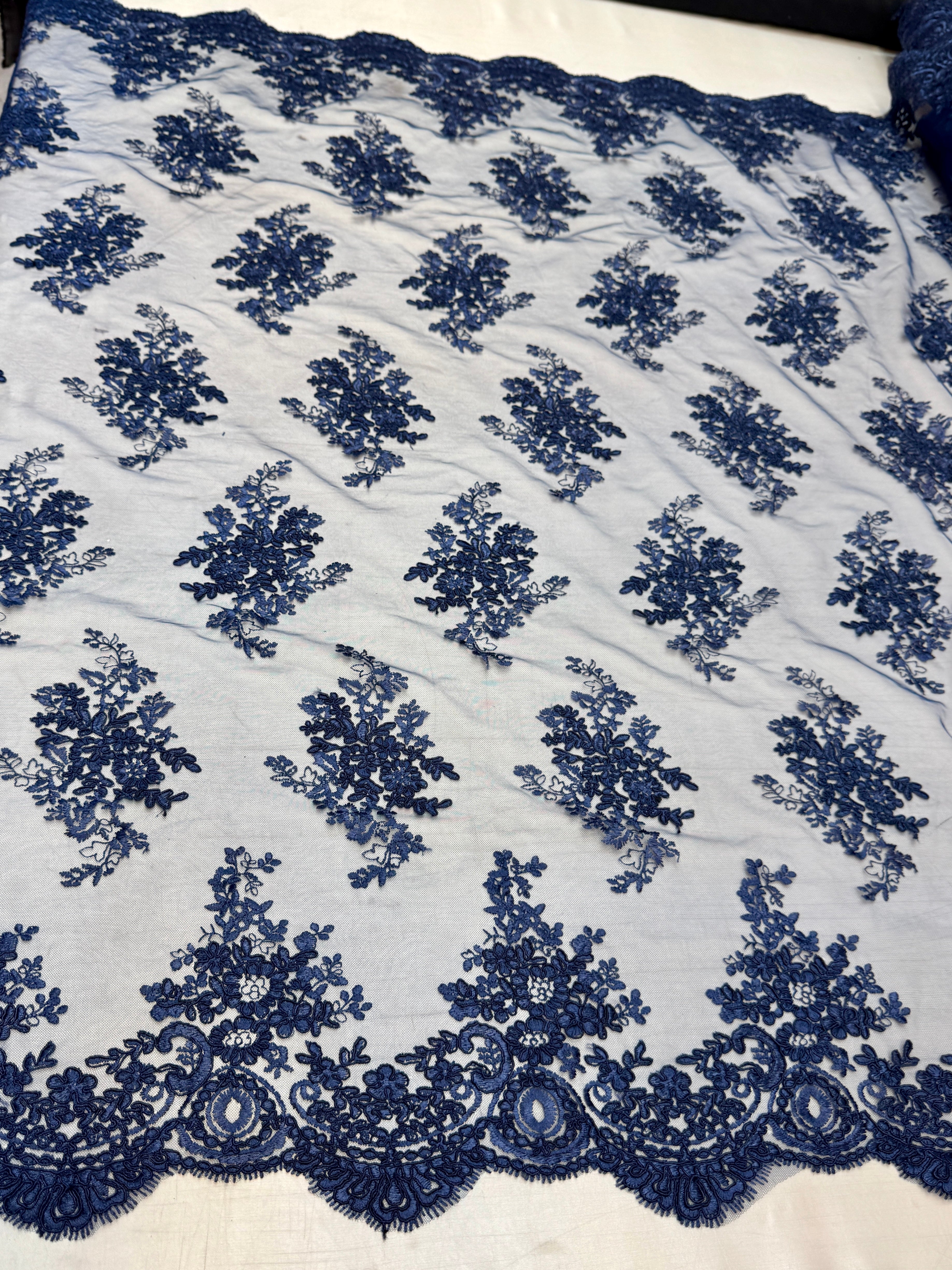Navy Blue Fleur Scalloped Lace Mesh, Scalloped Lace Fabric, Fleur Lace Fabric, Embroidered Lace Mesh, Sheer Lace Fabric, Floral Mesh Fabric, Bridal Lace Fabric