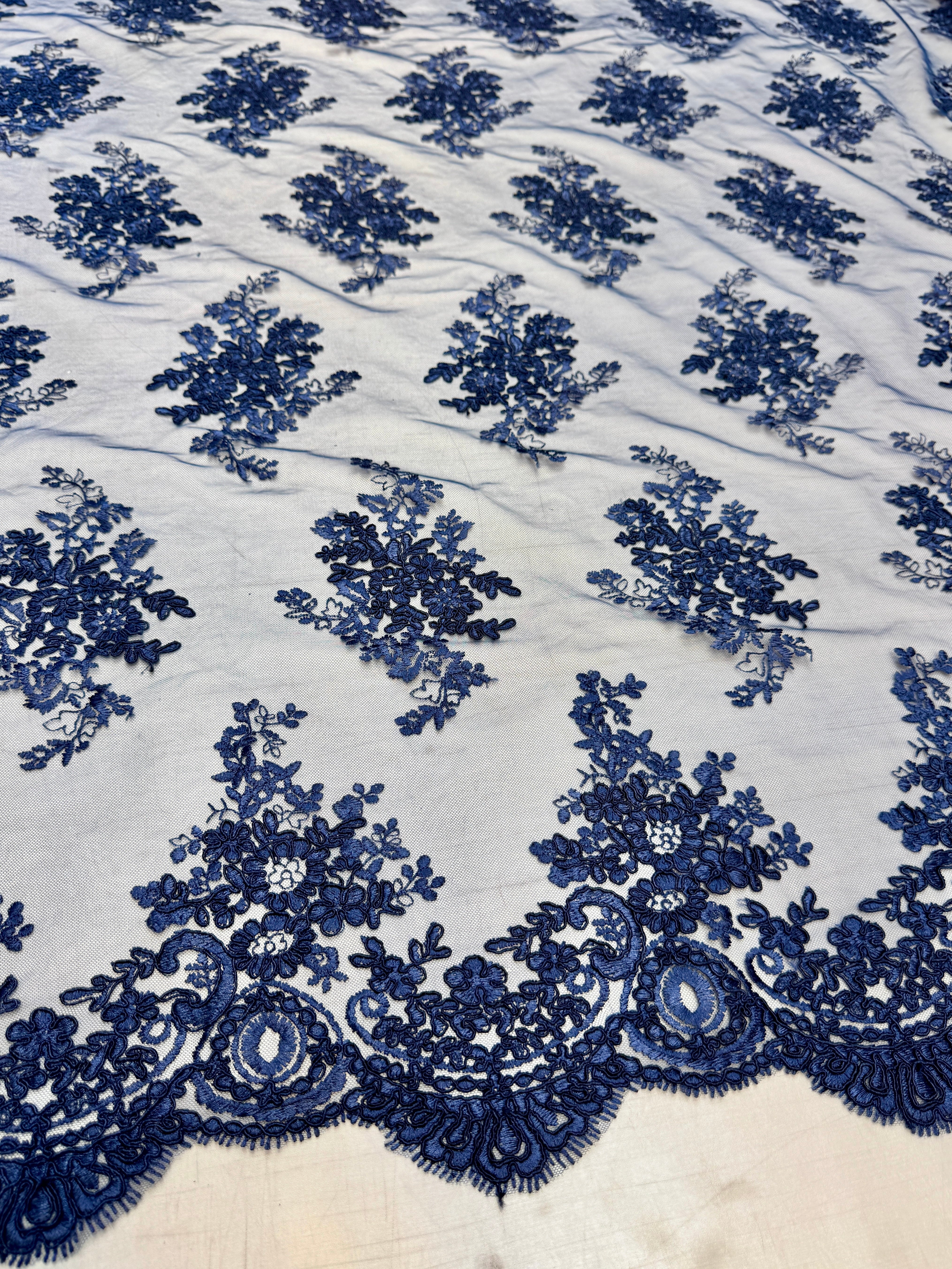 Navy Blue Fleur Scalloped Lace Mesh, Scalloped Lace Fabric, Fleur Lace Fabric, Embroidered Lace Mesh, Sheer Lace Fabric, Floral Mesh Fabric, Bridal Lace Fabric