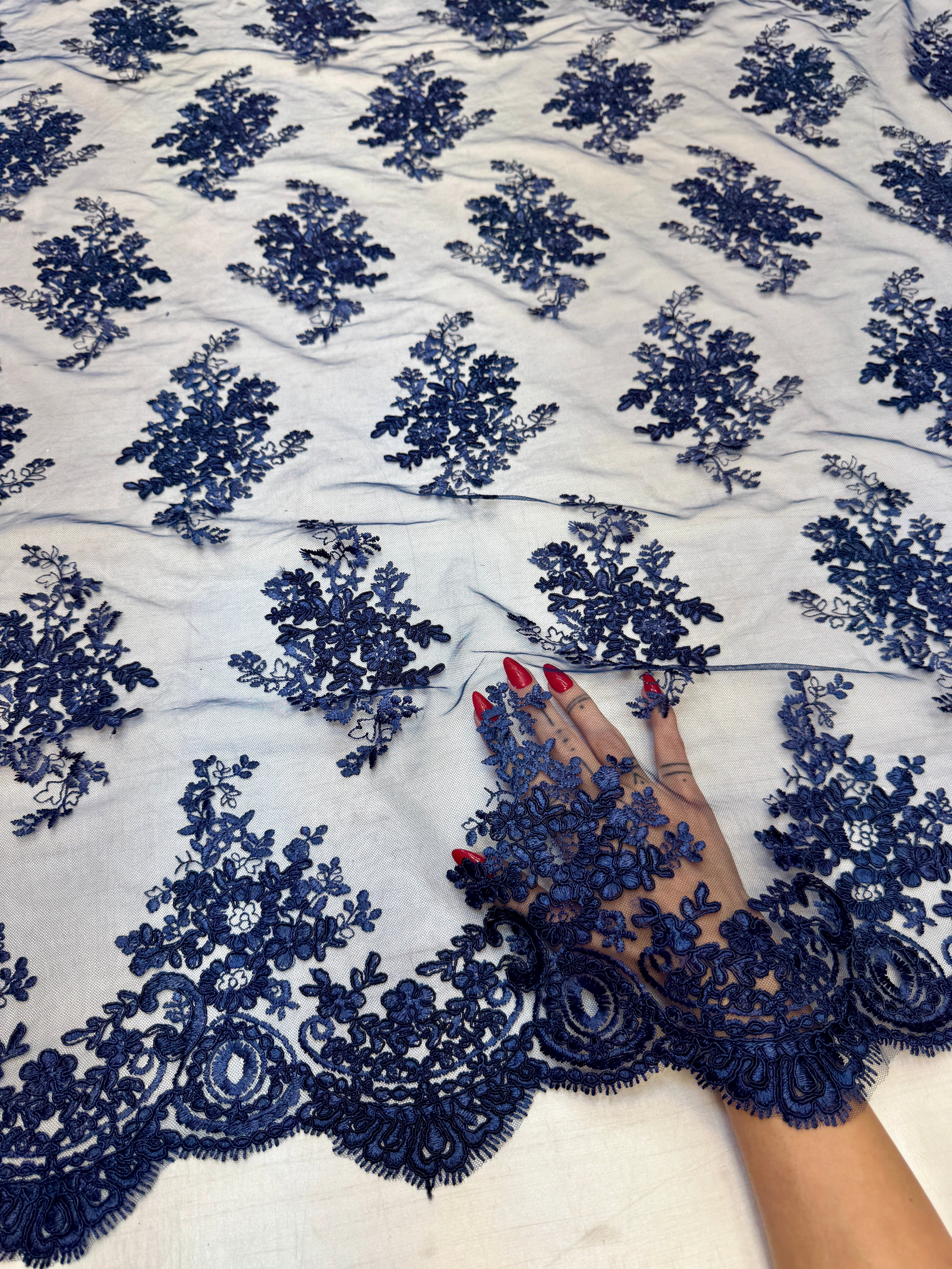 Navy Blue Fleur Scalloped Lace Mesh, Kiki Sewing Store, Kiki Luxury Fabric, Cheap Fabric Store, Kiki Textiles, Kiki Textile by the Yard, Kiki Textile USA