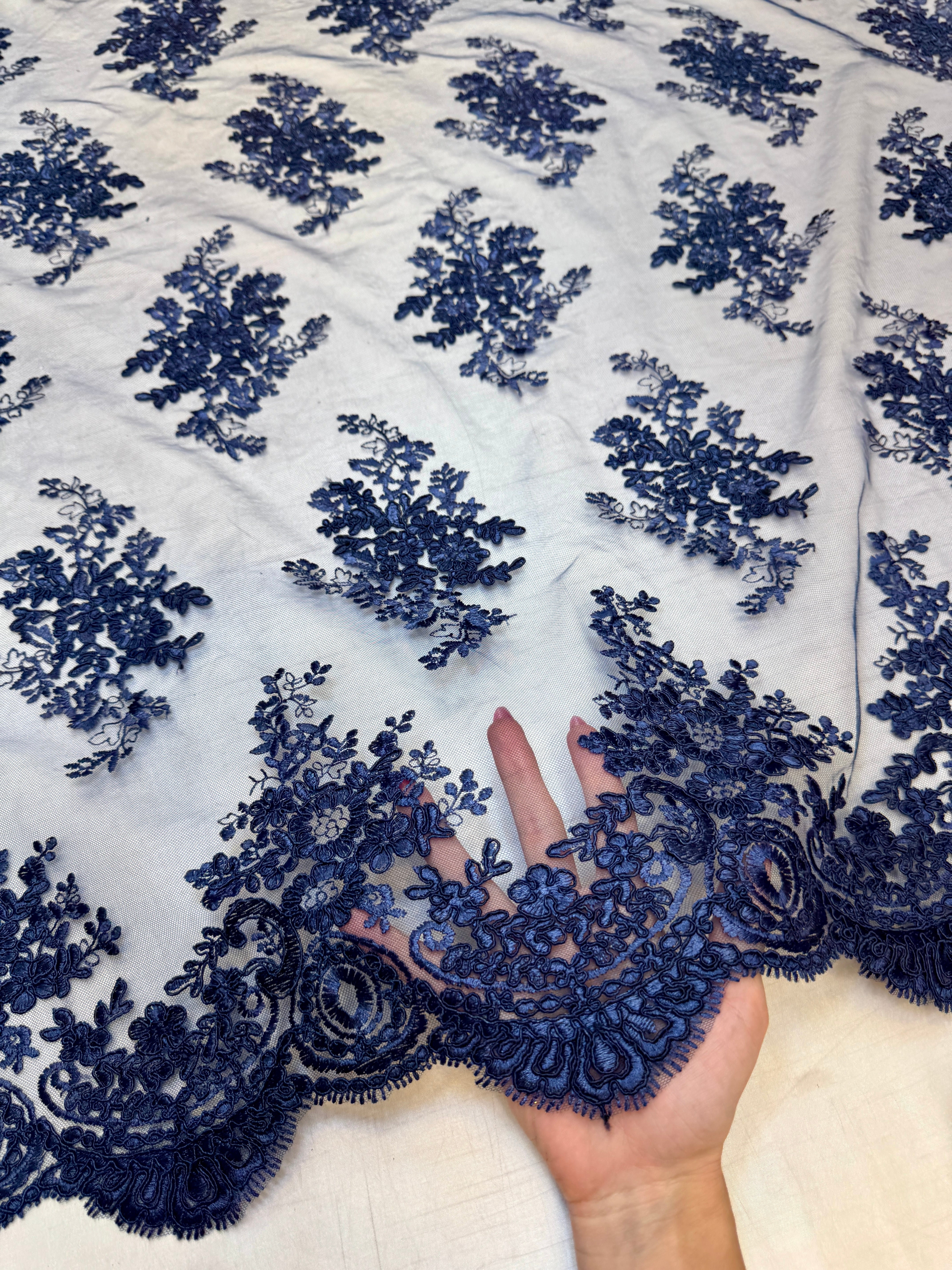 Navy Blue Fleur Scalloped Lace Mesh, Kiki Sewing Store, Kiki Luxury Fabric, Cheap Fabric Store, Kiki Textiles, Kiki Textile by the Yard, Kiki Textile USA