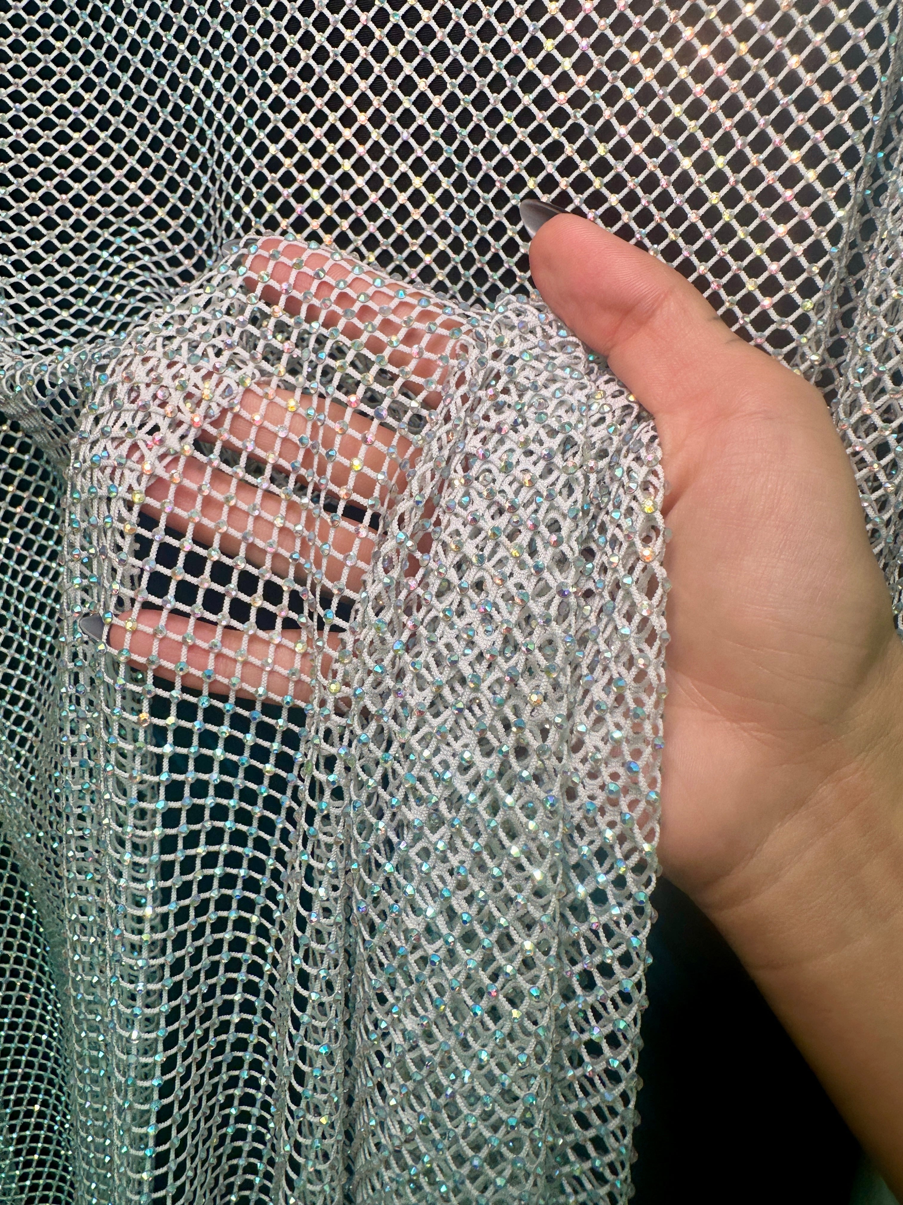 White Silver Rhinestone Diamond Fishnet Mesh, Rhinestone Fishnet Mesh, Mesh on Sale, Rhinestone on Mesh, Womens Rhinestone Mesh, Fancy Fishnet Mesh