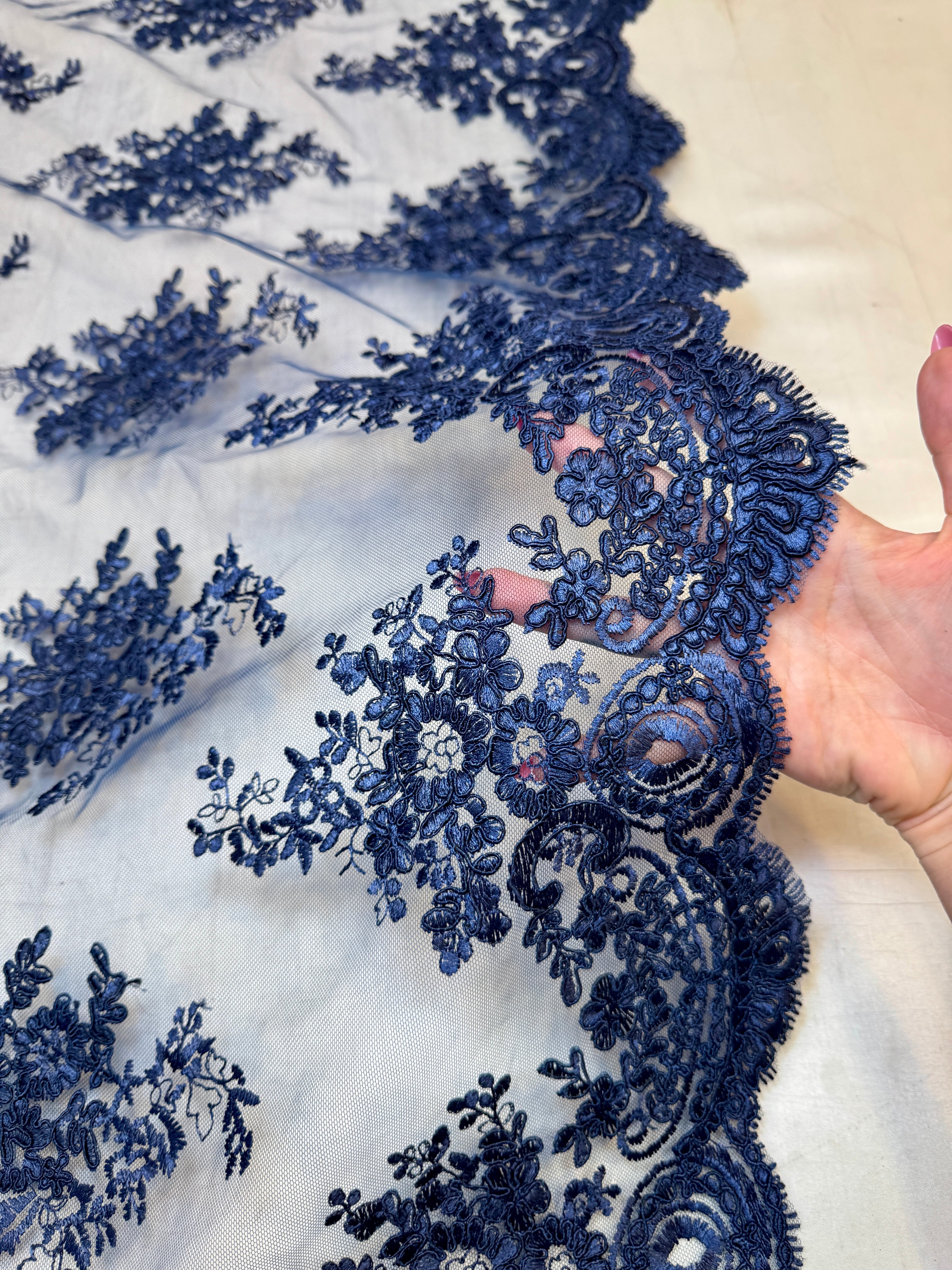 Navy Blue Fleur Scalloped Lace Mesh, Kiki Sewing Store, Kiki Luxury Fabric, Cheap Fabric Store, Kiki Textiles, Kiki Textile by the Yard, Kiki Textile USA