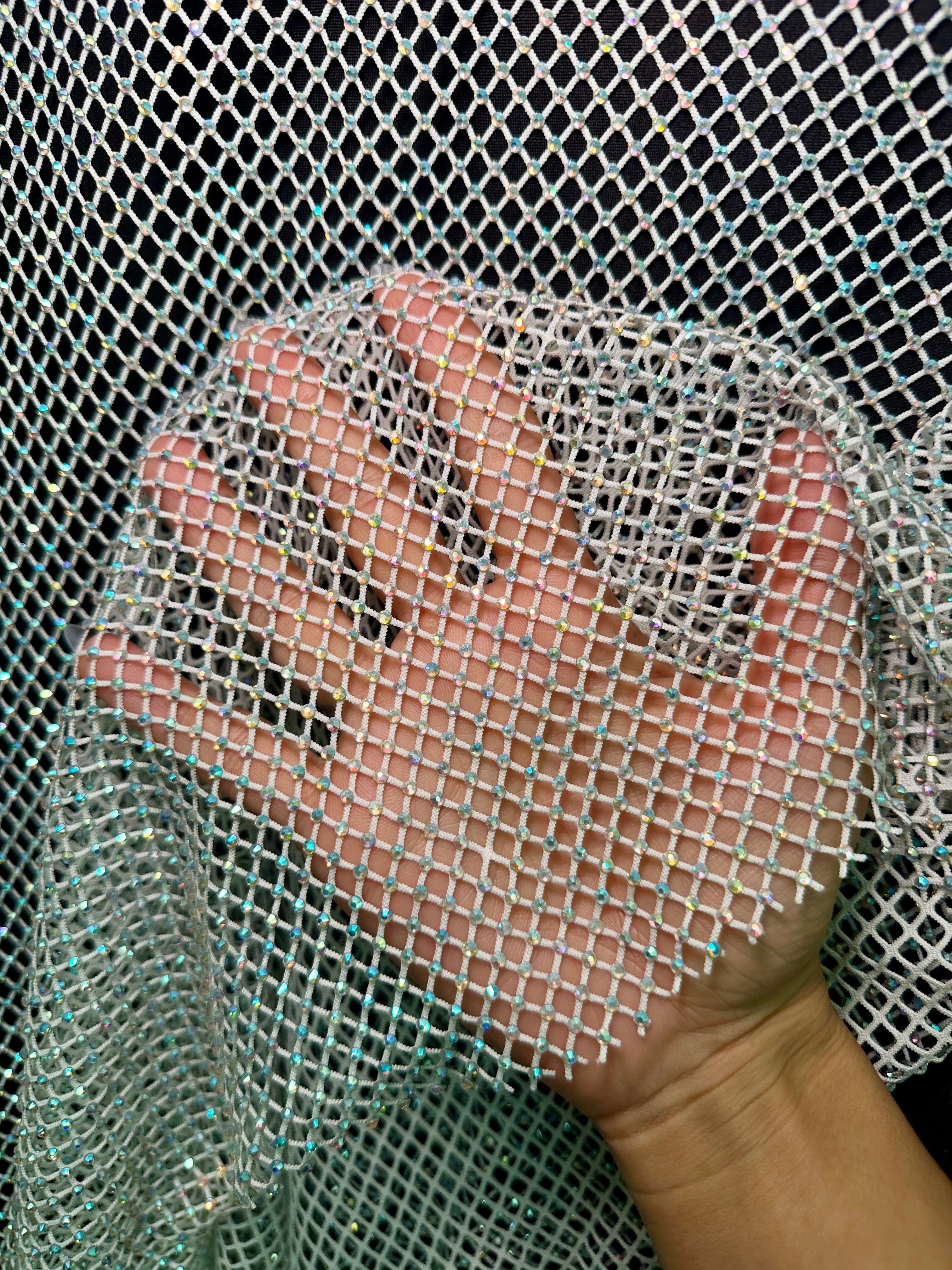 White Silver Rhinestone Diamond Fishnet Mesh, Fabric Store, Sewing Store, Cheap Fabric Store, Kiki Textiles, Textile by the Yard