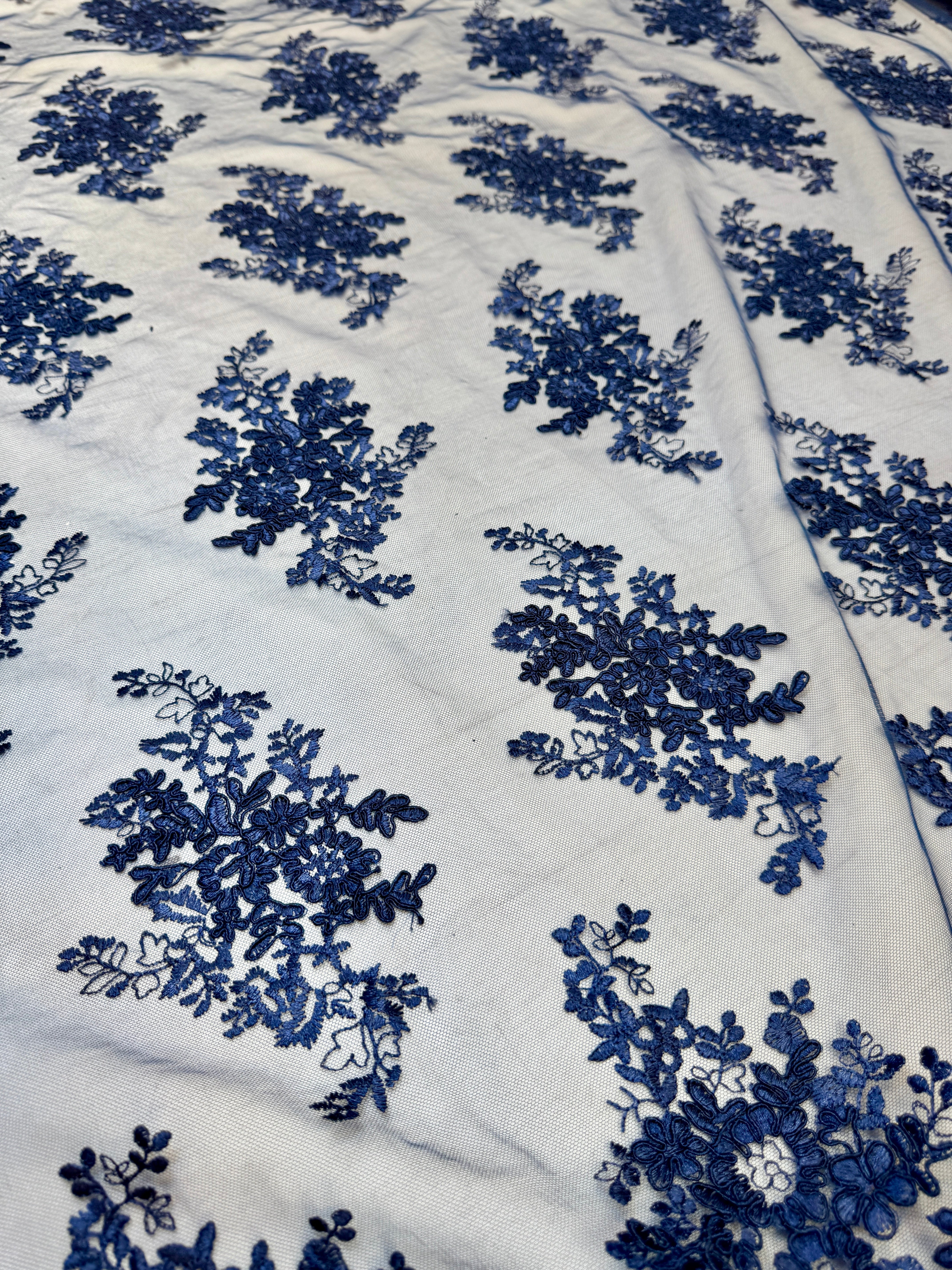 Navy Blue Fleur Scalloped Lace Mesh, Scalloped Lace Fabric, Fleur Lace Fabric, Embroidered Lace Mesh, Sheer Lace Fabric, Floral Mesh Fabric, Bridal Lace Fabric