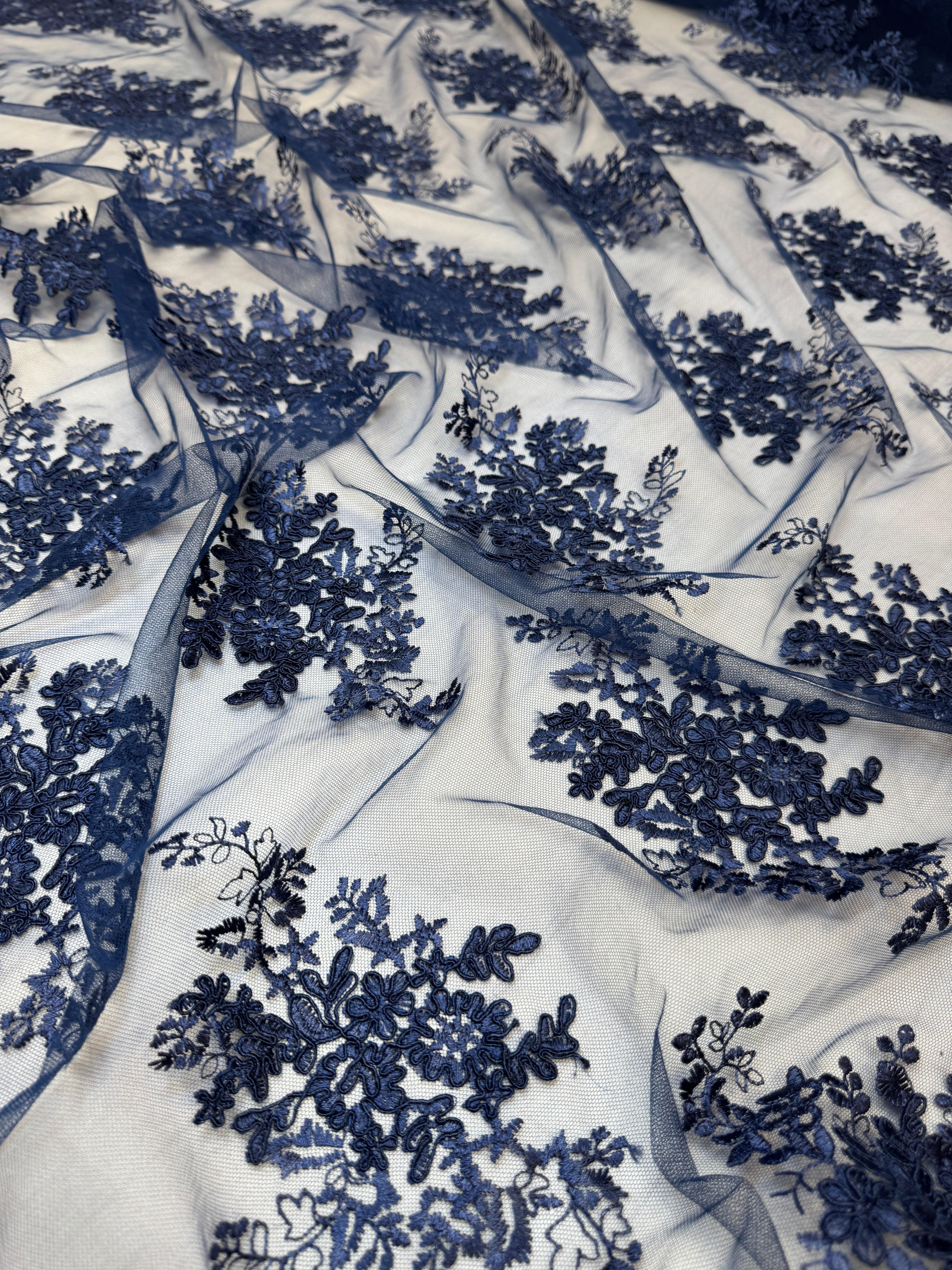 Navy Blue Fleur Scalloped Lace Mesh, Kiki Sewing Store, Kiki Luxury Fabric, Cheap Fabric Store, Kiki Textiles, Kiki Textile by the Yard, Kiki Textile USA