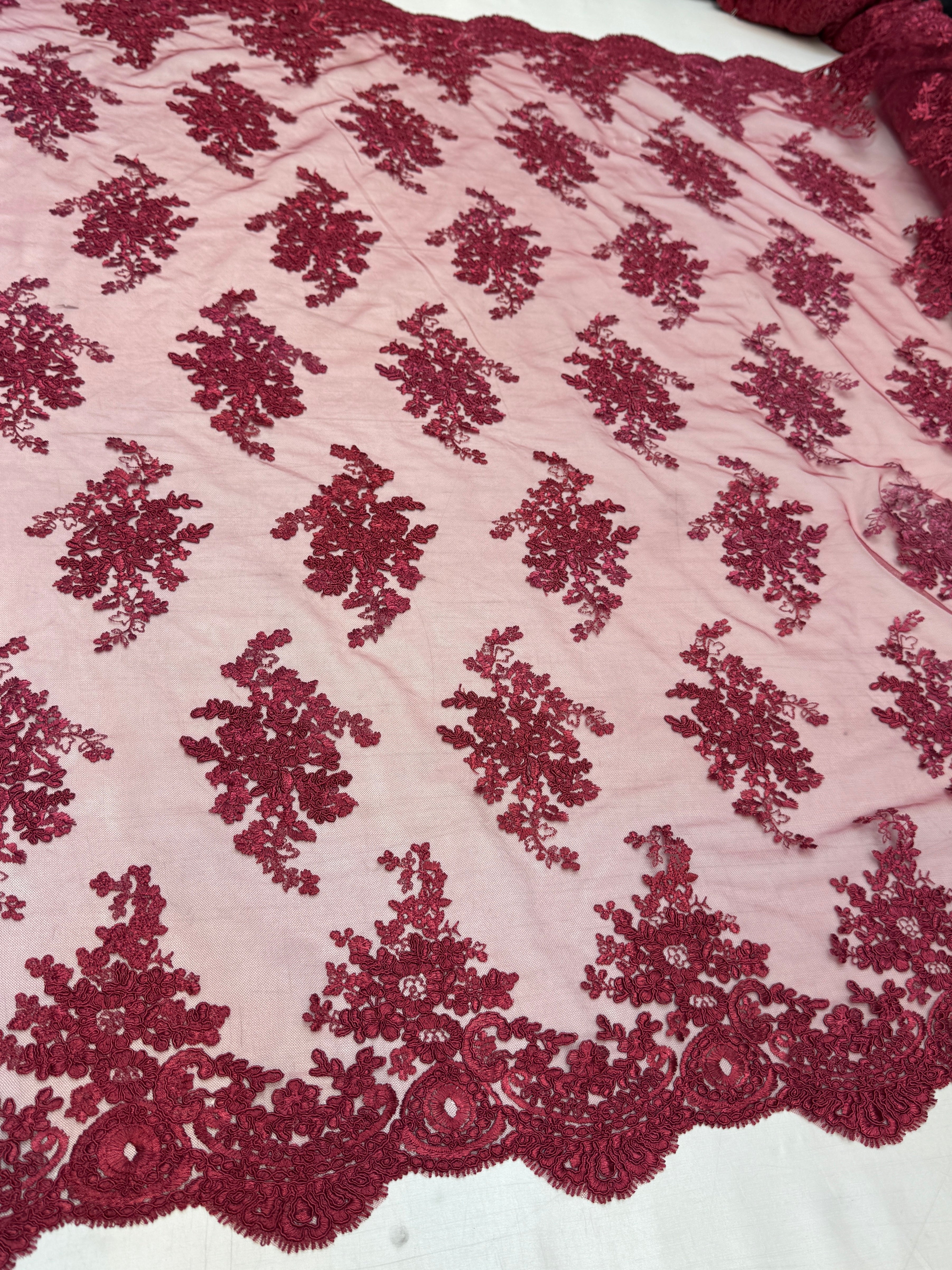Burgundy Fleur Scalloped Lace Mesh, Kiki Sewing Store, Kiki Luxury Fabric, Cheap Fabric Store, Kiki Textiles, Kiki Textile by the Yard, Kiki Textile USA