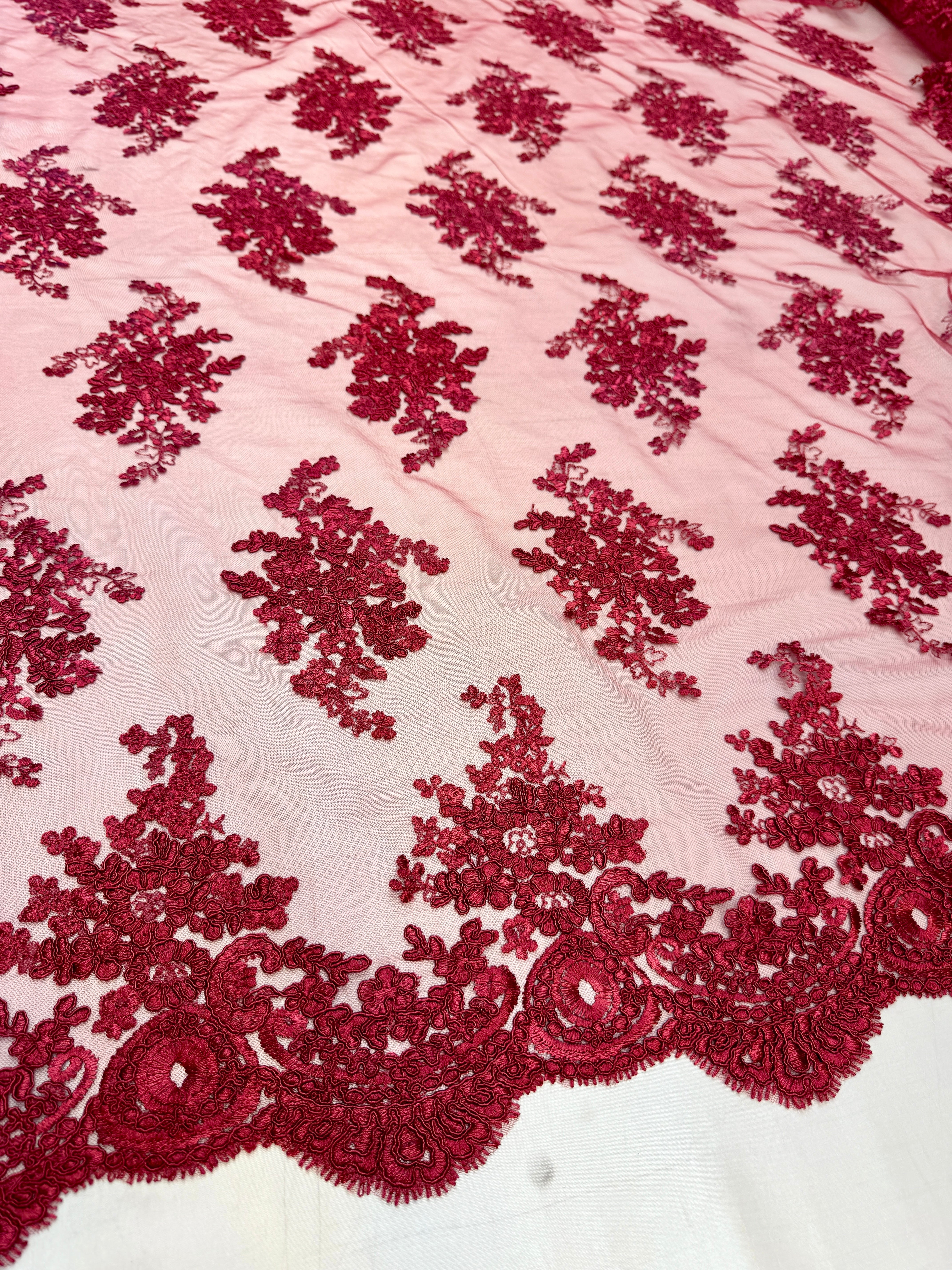 Burgundy Fleur Scalloped Lace Mesh, Scalloped Lace Fabric, Fleur Lace Fabric, Embroidered Lace Mesh, Sheer Lace Fabric, Floral Mesh Fabric, Bridal Lace Fabric