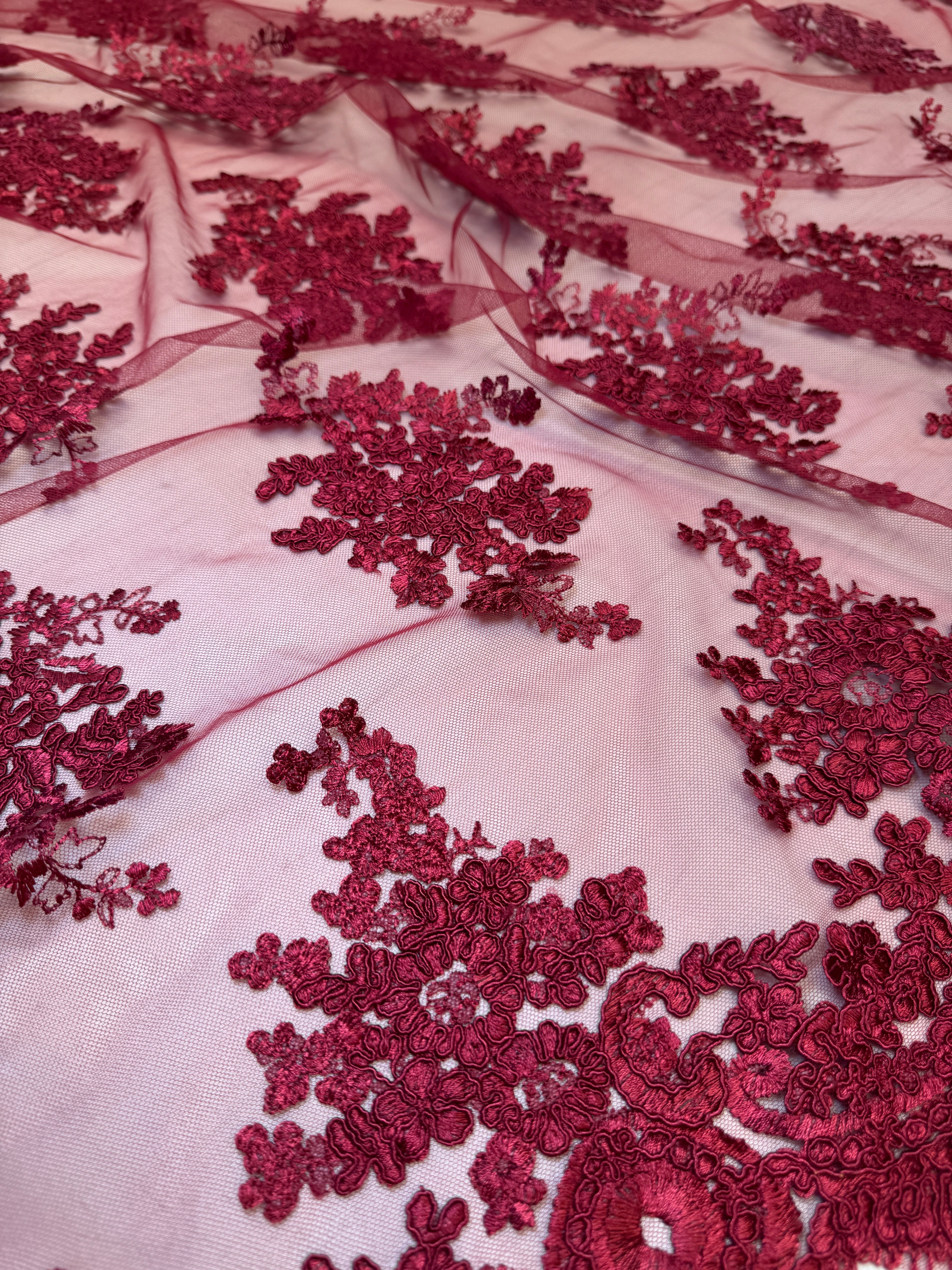 Burgundy Fleur Scalloped Lace Mesh, Scalloped Lace Fabric, Fleur Lace Fabric, Embroidered Lace Mesh, Sheer Lace Fabric, Floral Mesh Fabric, Bridal Lace Fabric