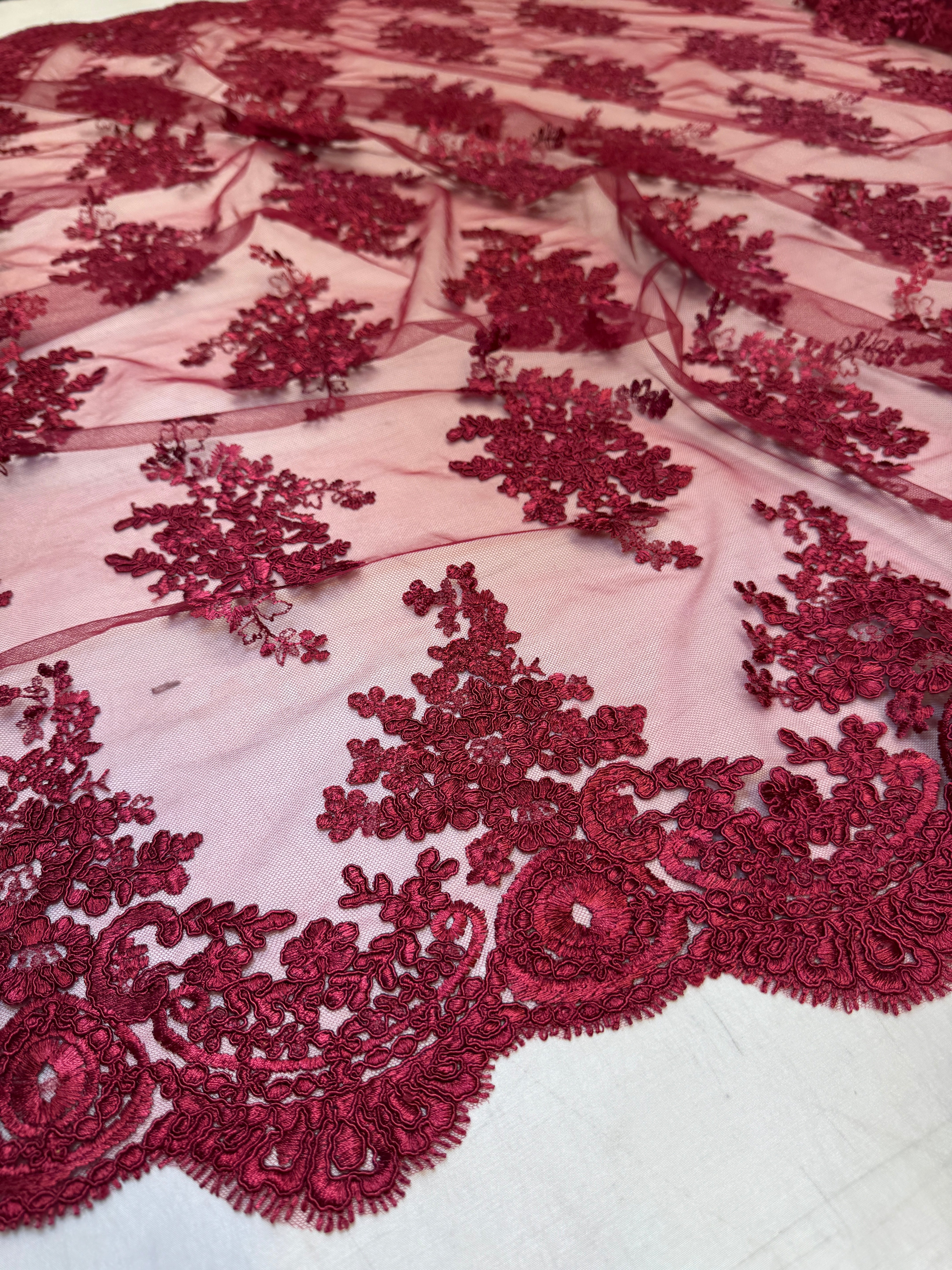 Burgundy Fleur Scalloped Lace Mesh, Kiki Sewing Store, Kiki Luxury Fabric, Cheap Fabric Store, Kiki Textiles, Kiki Textile by the Yard, Kiki Textile USA