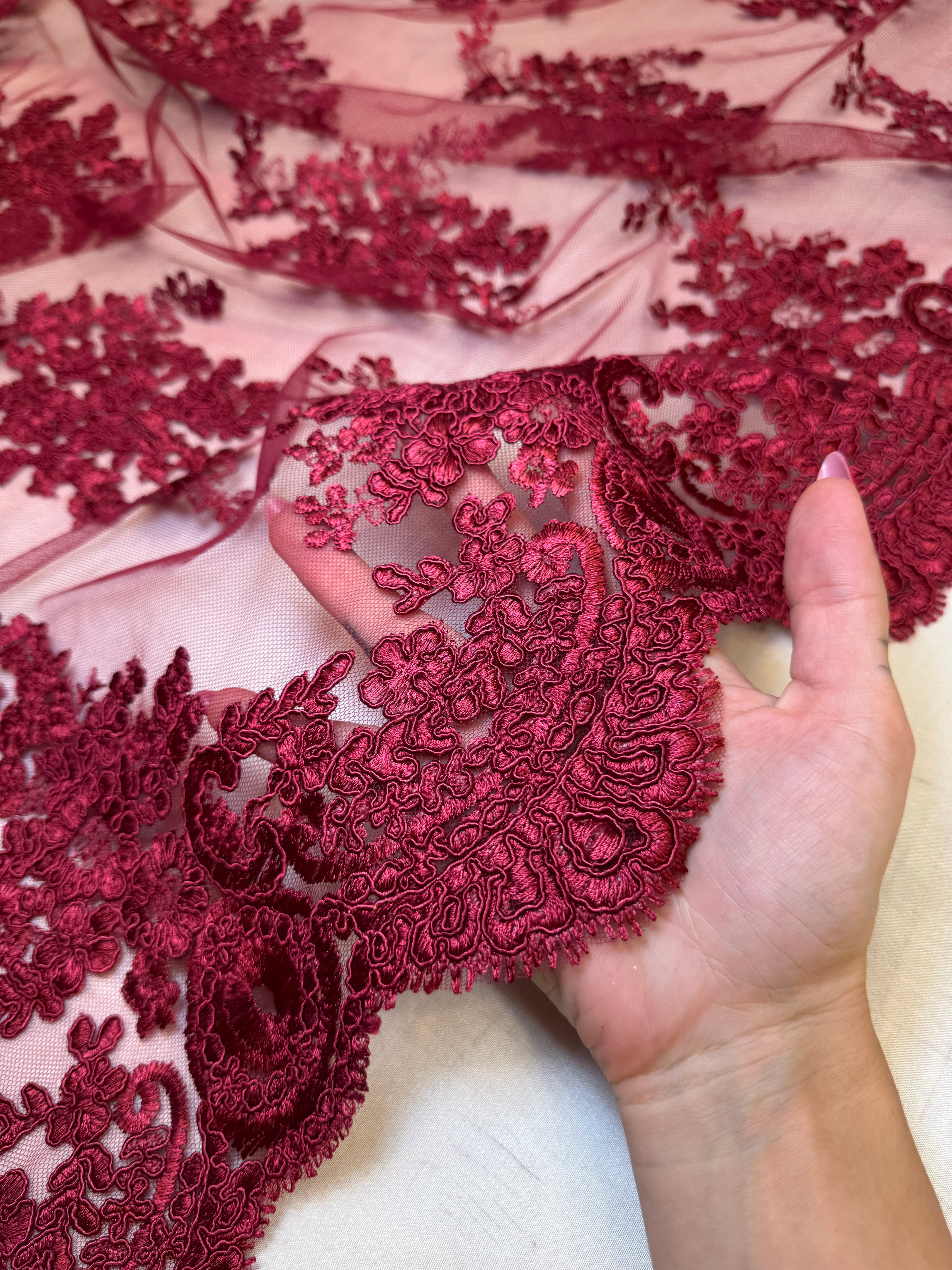 Burgundy Fleur Scalloped Lace Mesh, Kiki Sewing Store, Kiki Luxury Fabric, Cheap Fabric Store, Kiki Textiles, Kiki Textile by the Yard, Kiki Textile USA