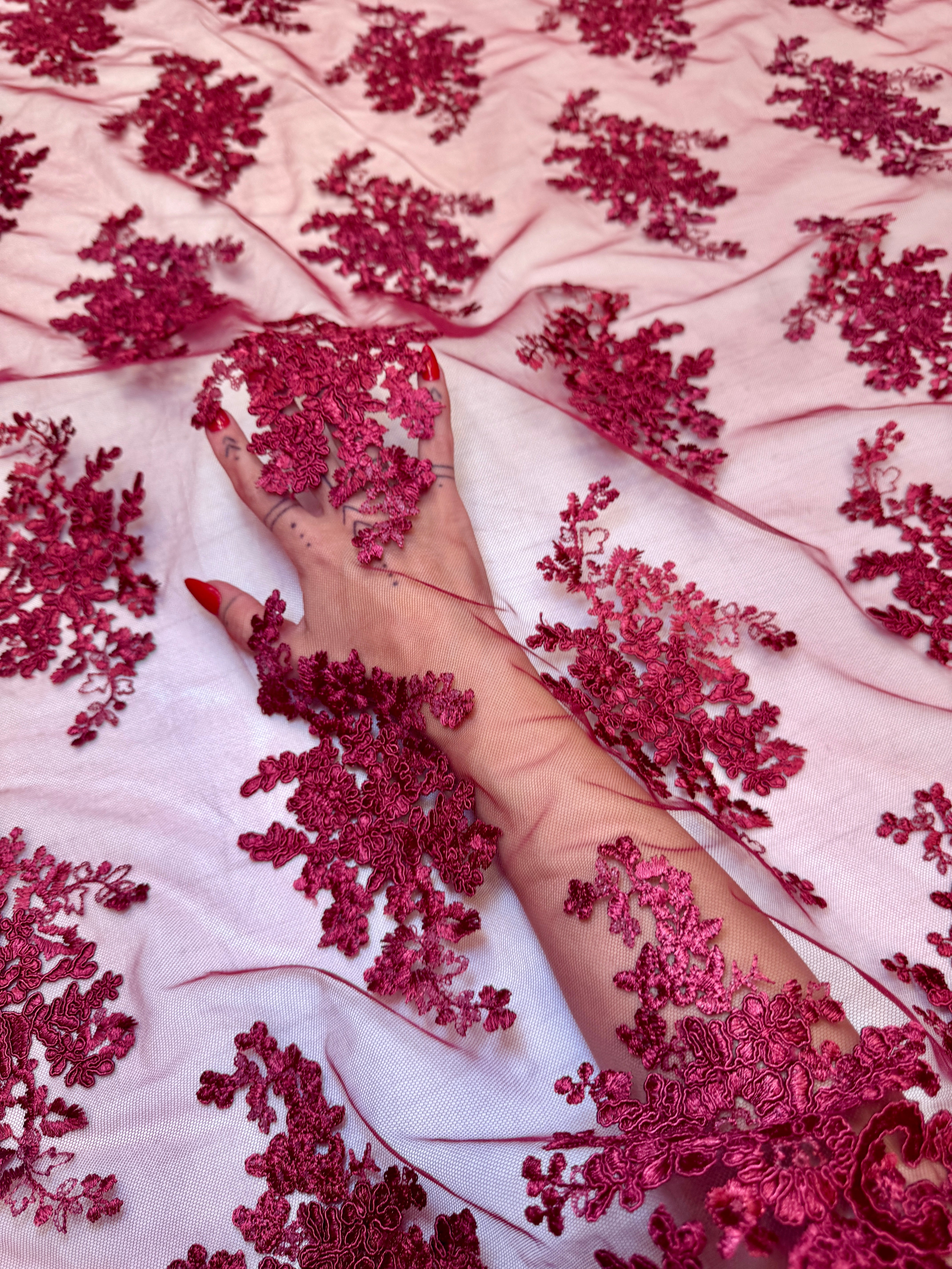 Burgundy Fleur Scalloped Lace Mesh, Kiki Sewing Store, Kiki Luxury Fabric, Cheap Fabric Store, Kiki Textiles, Kiki Textile by the Yard, Kiki Textile USA
